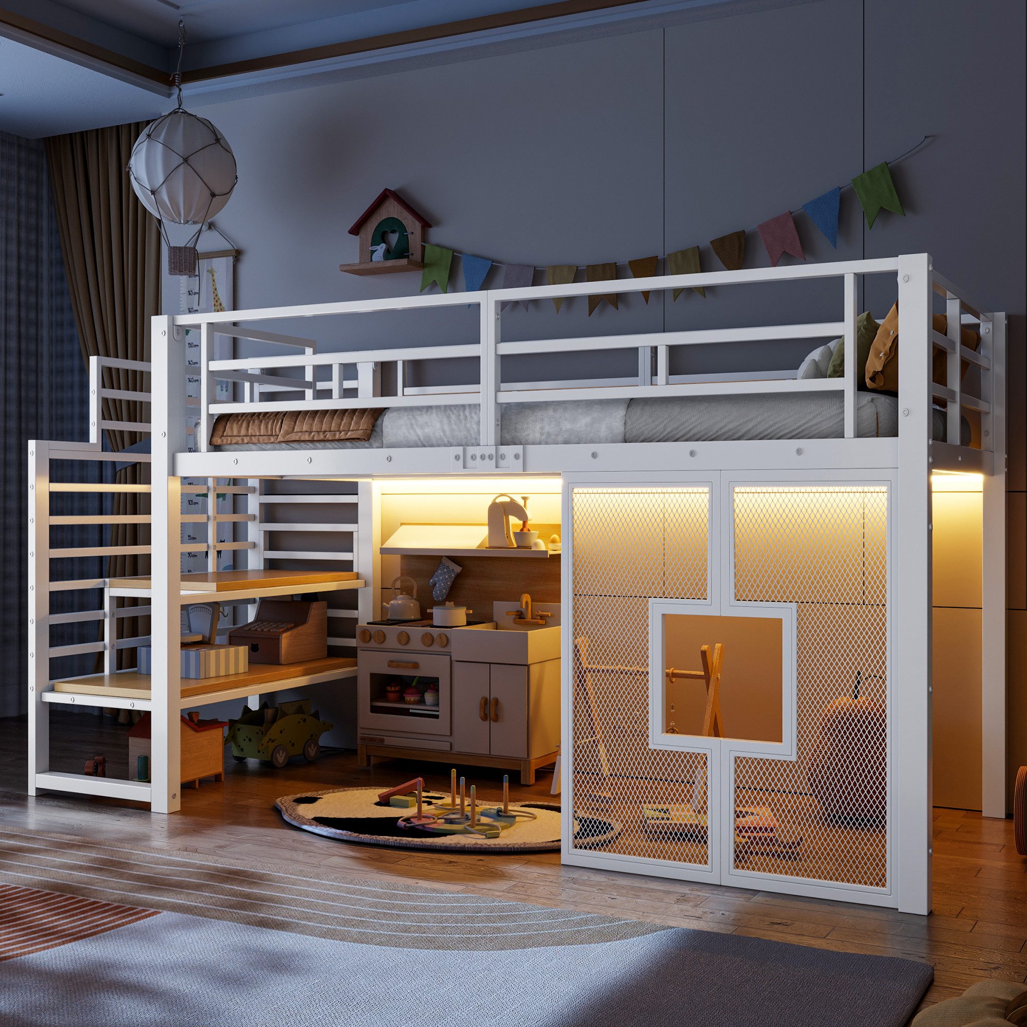Odikalo Hochbett Kinderbett Jugendbett 90x200 mit LED und Stauraum (90x200 cm großes Metall-Hochbettgestell mit Treppe, Stauraum, LED-Beleuchtung und Fenstern, Schwarz / Weiß)
