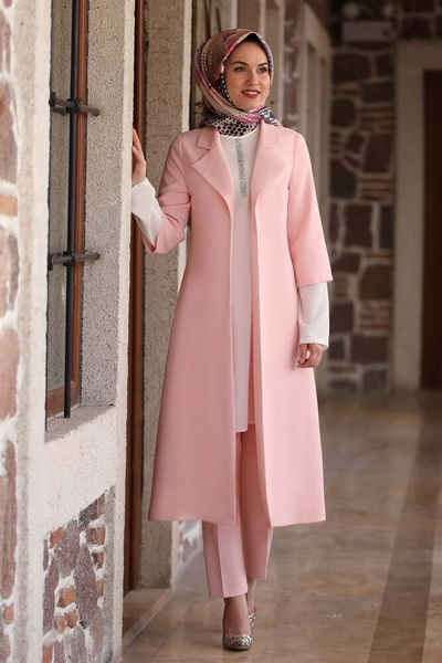 Modavitrini Anzug 3-teilig Damen Tunika Anzug Dreiteiler Sakko Longtunika mit Hose Hijab Mode (Set, Sakko & Bluse & Hose) Armdetail