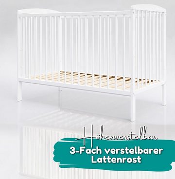 Alavya Home® Babybett LUCAS I Qualitätsträume I für den ruhigen Schlaf Ihres Schatzes, Babybett 60x120 Gitterbett mit höhenverstellbar aus Kiefernholz