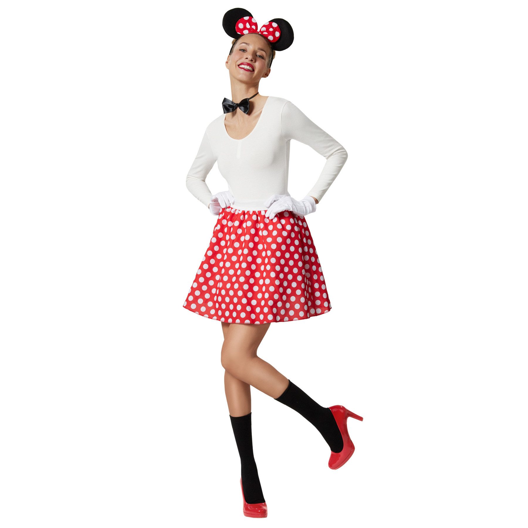dressforfun Kostüm Damenkostüm, Kleid mit roten Punkten und passenden Accessoires.