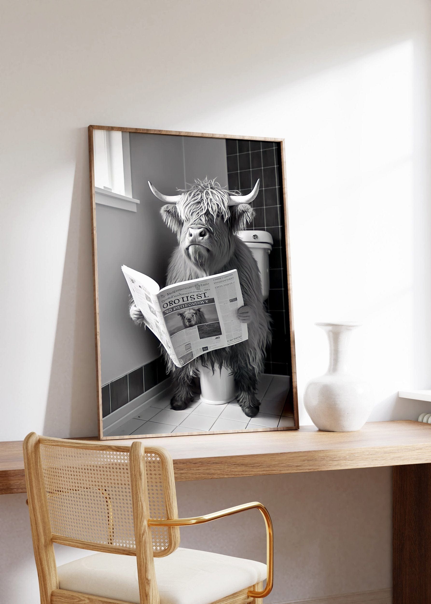JUSTGOODMOOD Poster Lustiges Kuh WC Die Kuh und ihre Zeitungspause Entspannung auf der Toi, (1 St)