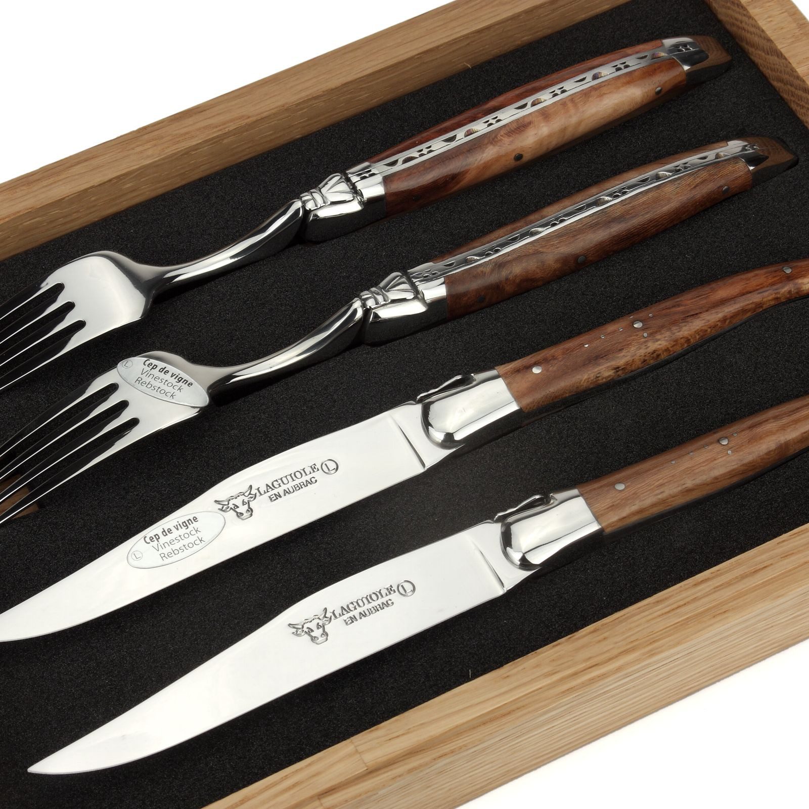 Laguiole en Aubrac Steakbesteck CCF99CVIH, 2 Messer / 2 Gabeln - Griff Weinrebe - Stahl glänzend
