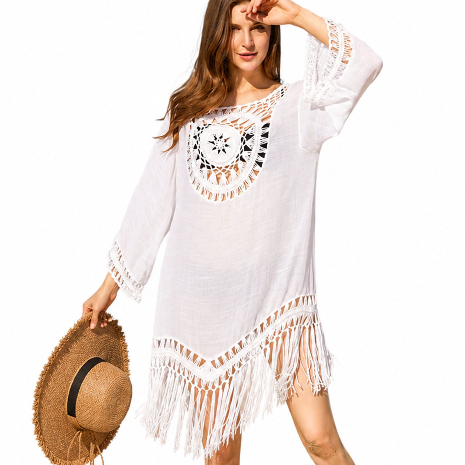 MOPUEA Strandkleid Damen Strandtunika Gehäkelt Transparent Bikini Cover Up Boho Stil (Strandkleid Beachwear Cover Up Für Bikini Badeanzug Und Urlaub, 1-tlg., Mit Quasten Cutout Design Langarm Transparent Sommer Strandkleid) Gehäkelte Beachwear Große Größen Für Strand Urlaub Und Pool