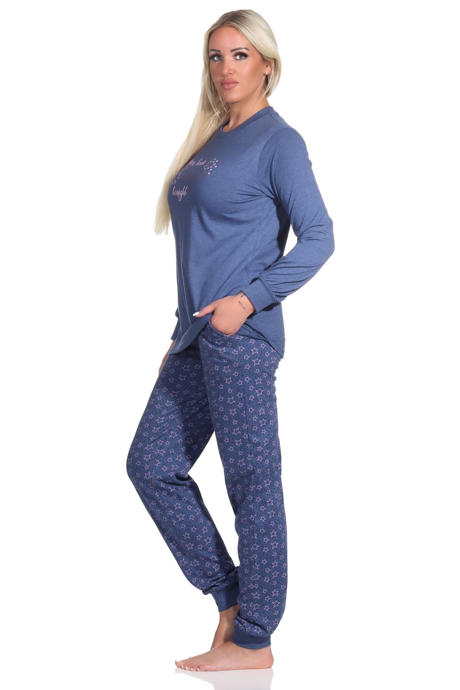 Damen Pyjama blau-melange Bündchen Sterne in Schlafanzug Optik langarm mit Normann