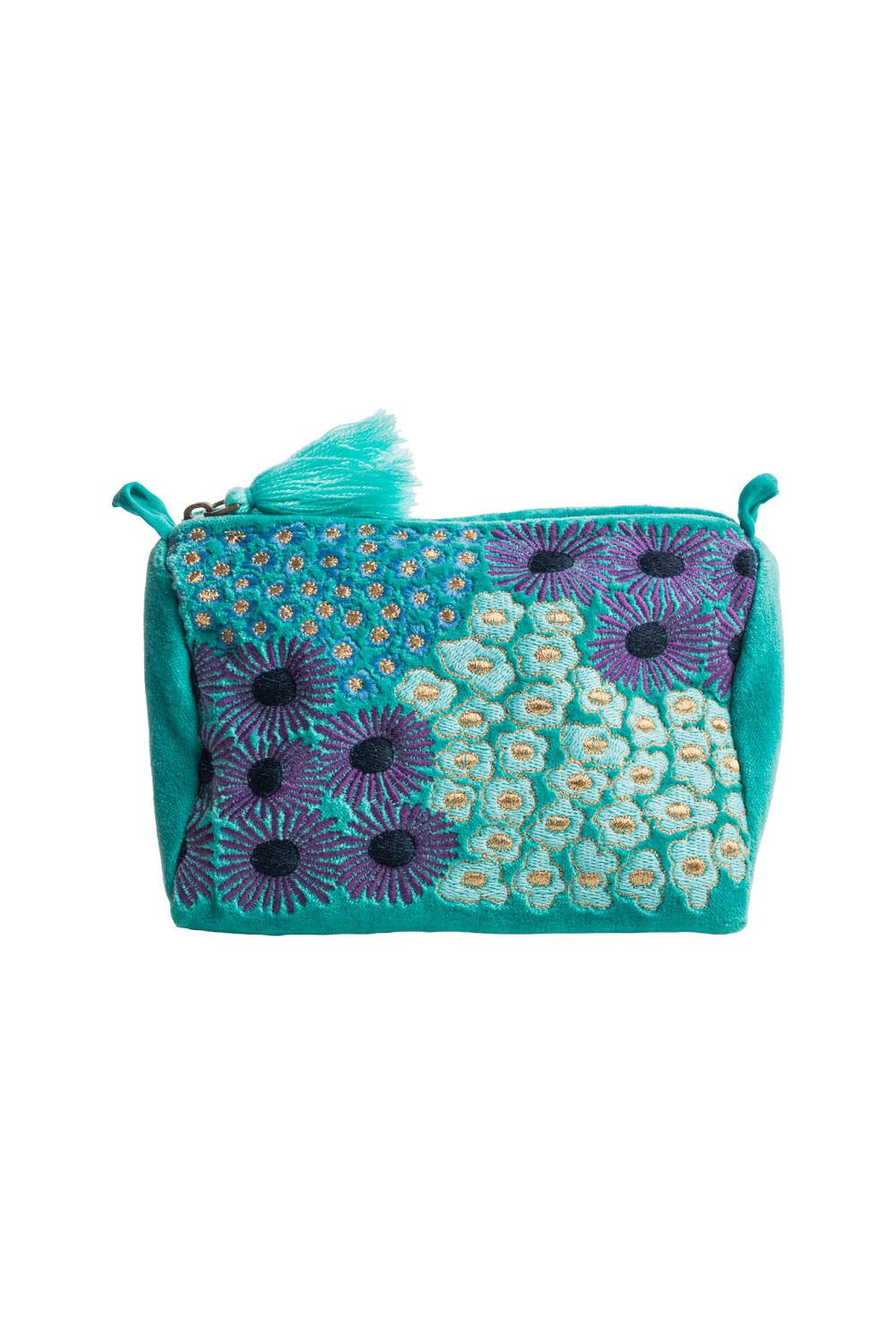 Tranquillo Kosmetiktasche aus Bio-Baumwolle VELVET BLOSSOMS klein 18x12x8 cm mit Reißverschluss, Samtige Oberfläche mit aufwendiger Stickerei, für Accessoires & Makeup