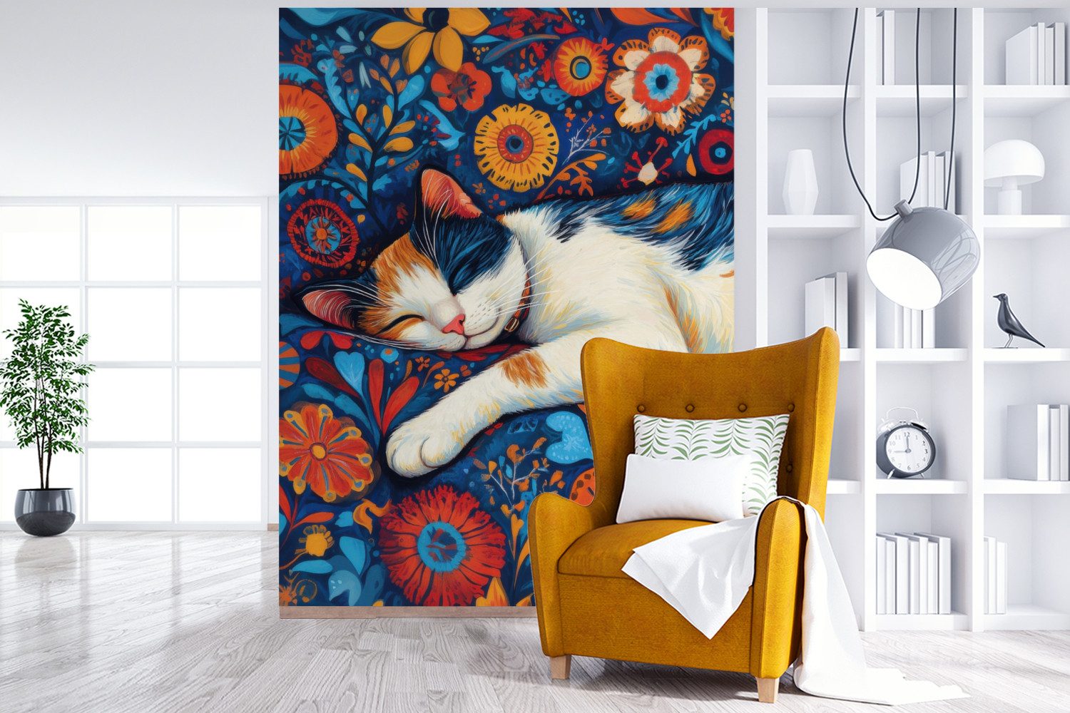 MuchoWow Fototapete Katze - Blumenmuster - Blau - Orange, Matt, bedruckt, Wallpaper für Wohnzimmer, Schlafzimmer, Vinyl Tapete, 165x220 cm