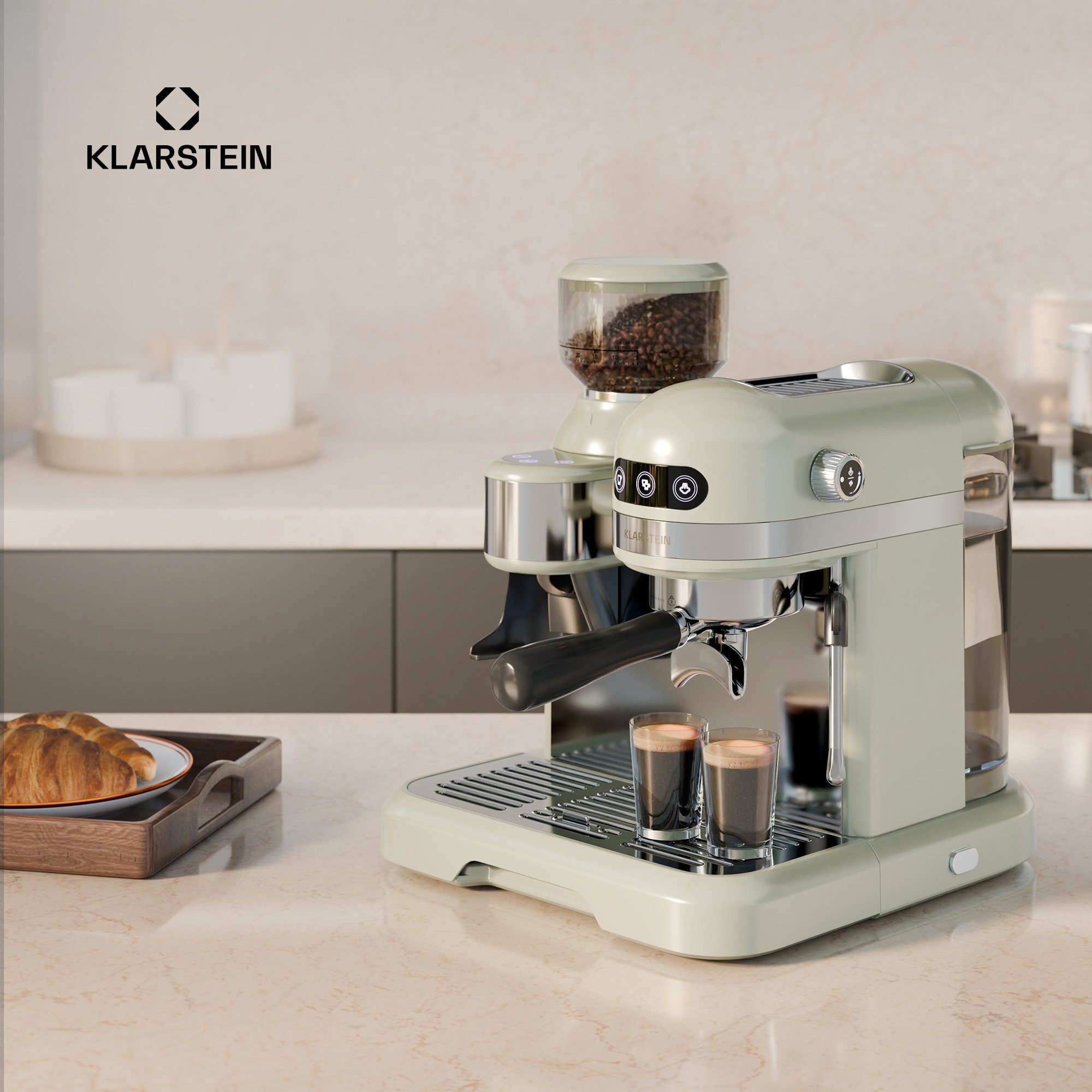 Klarstein Espressomaschine Bella Café Espresso Vintage Mahlwerk 19 bar 1550W 200g 2 Tassen Milch, 1.4l Kaffeekanne, Edelstahl-Siebträger, Kaffeebereiter mit Kegel-Mahlwerk 19 bar & Tamper