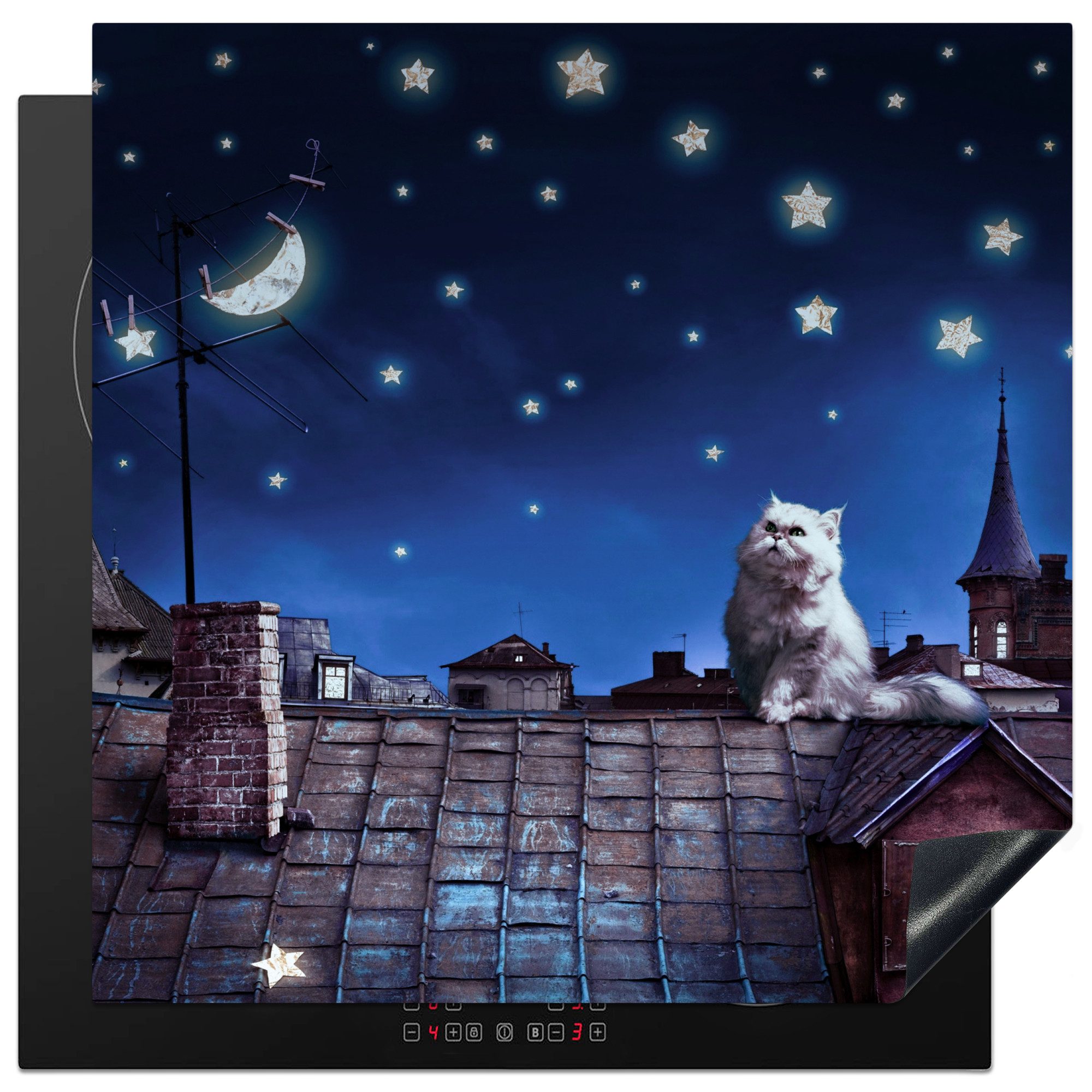 MuchoWow Herd-Abdeckplatte Blau - Katze - Nacht - Haus, Vinyl, (1 tlg), Küche Herdabdeckung Ceranfeld Induktionsfeld Vinyl, 60x60 cm