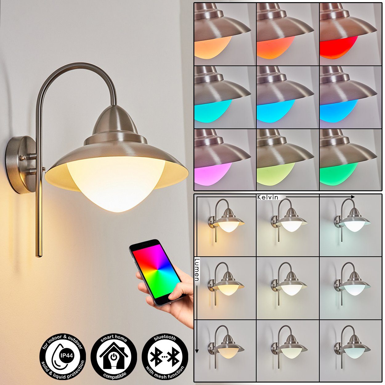 hofstein Außen-Wandleuchte dimmbare Wandleuchte aus Metall/Glas in Nickel-matt/Weiß, LED fest integriert, m. RGB-Farbwechsel, steuerbar m. Fernbedienung, Smart App, IP54