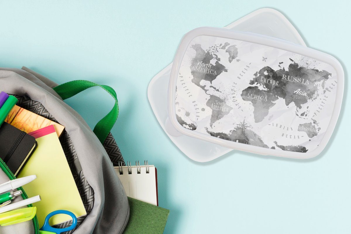 MuchoWow Lunchbox Weltkarte - Schwarz Ölfarbe, und und Kunststoff, (2-tlg), Mädchen - Kinder weiß Jungs Erwachsene, Brotdose, für Brotbox für
