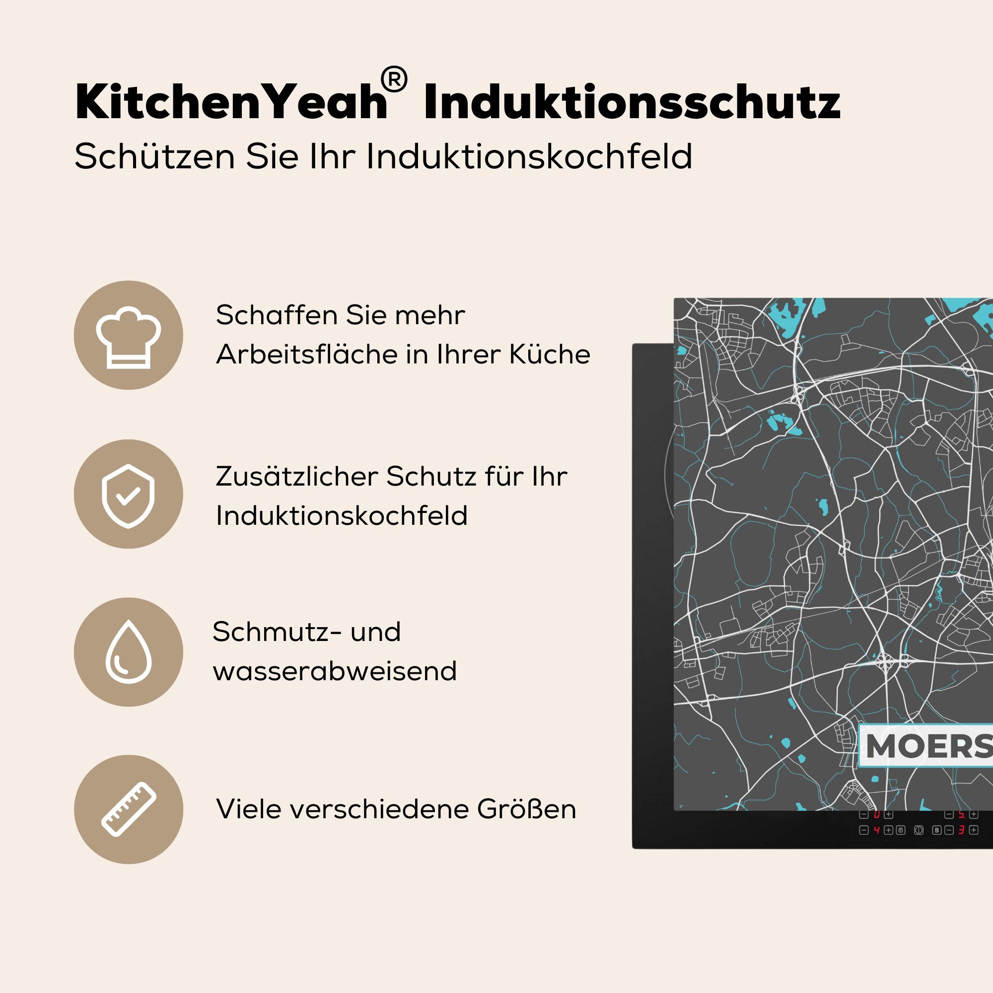 Ceranfeldabdeckung, Stadtplan (1 Vinyl, cm, 78x78 Karte - Moers Deutschland, für - - - Blau Arbeitsplatte tlg), MuchoWow küche Herdblende-/Abdeckplatte