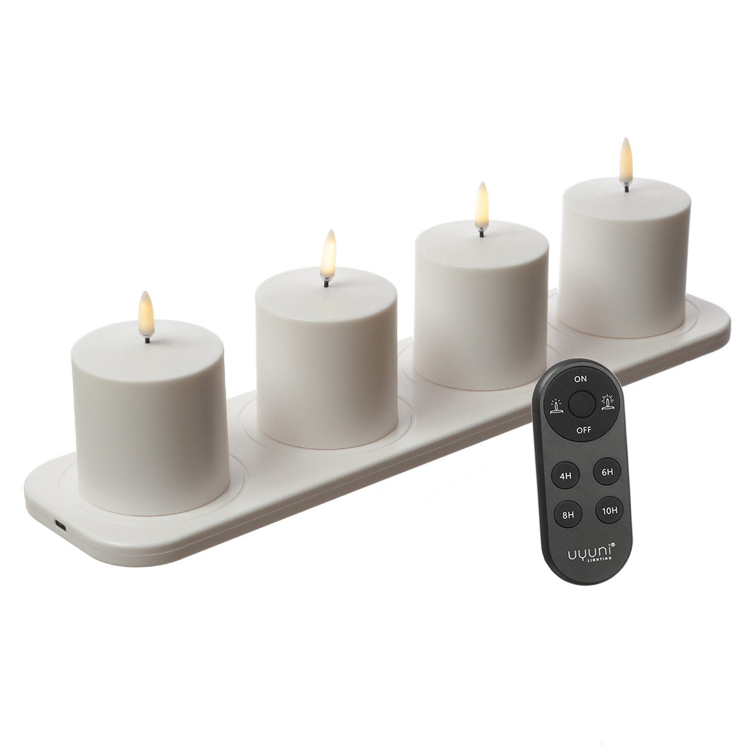 UYUNI Lighting LED-Kerze Stumpenkerzen aufladbar 4Stück mit Ladestation/Fernb. Außen Tisch Deko, LED Classic, warmweiß (2100K bis 3000K)