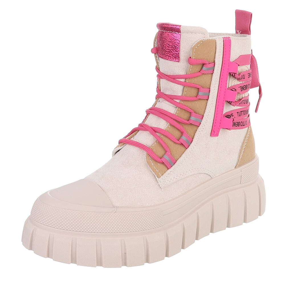 Ital-Design Damen Plateau-Bootie mit Schnürung und Riemen-Details Schnürstiefelette (92078921) Keilabsatz/Wedge Sneakers High in Beige