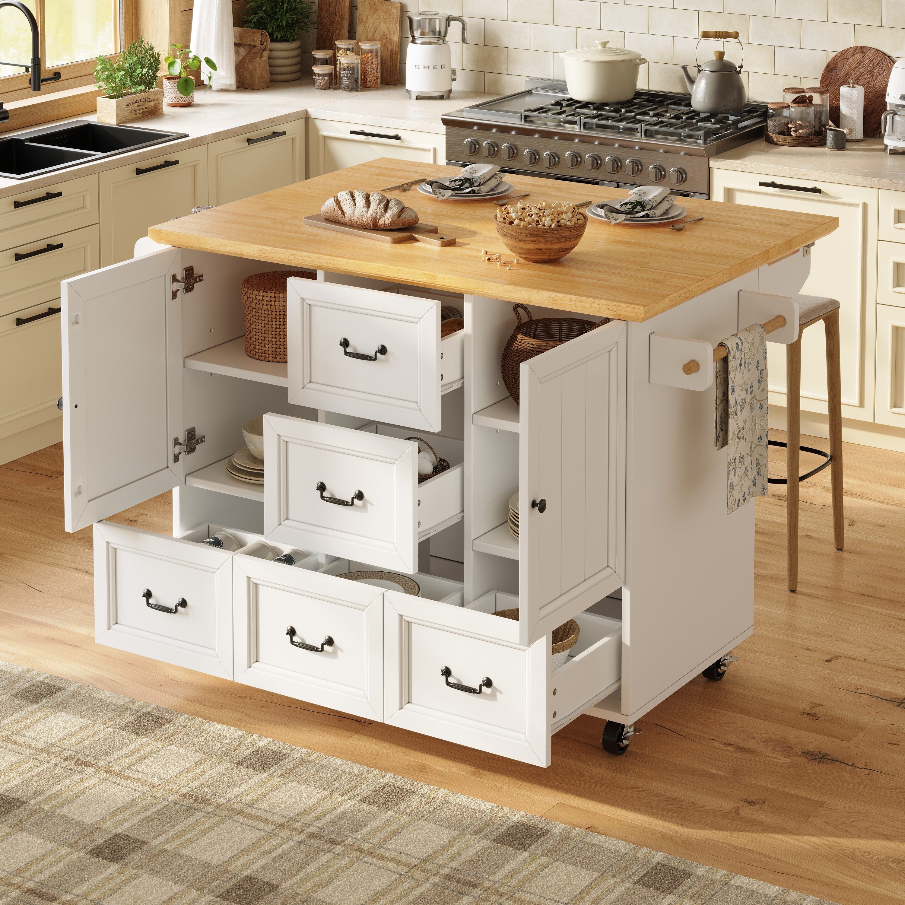 Flieks Küchenwagen mit erweiterbarer Arbeitsplatte, Rollen und verstellbarer Ablagen, (1 St), Kücheninsel Buffetschrank Servierwagen mit 5 Schubladen