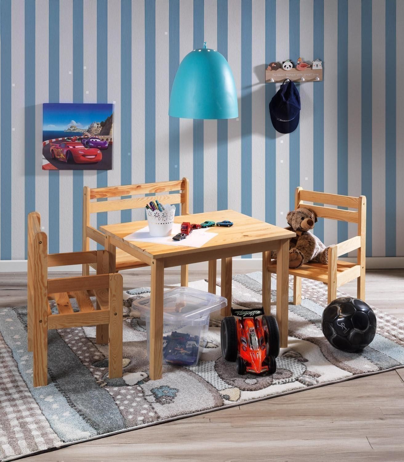 Home4You Kindersitzgruppe 4-teilig, Kiefer, Braun, 1 Tisch, 1 Bank mit Armlehnen, 2 Stühle mit Armlehnen