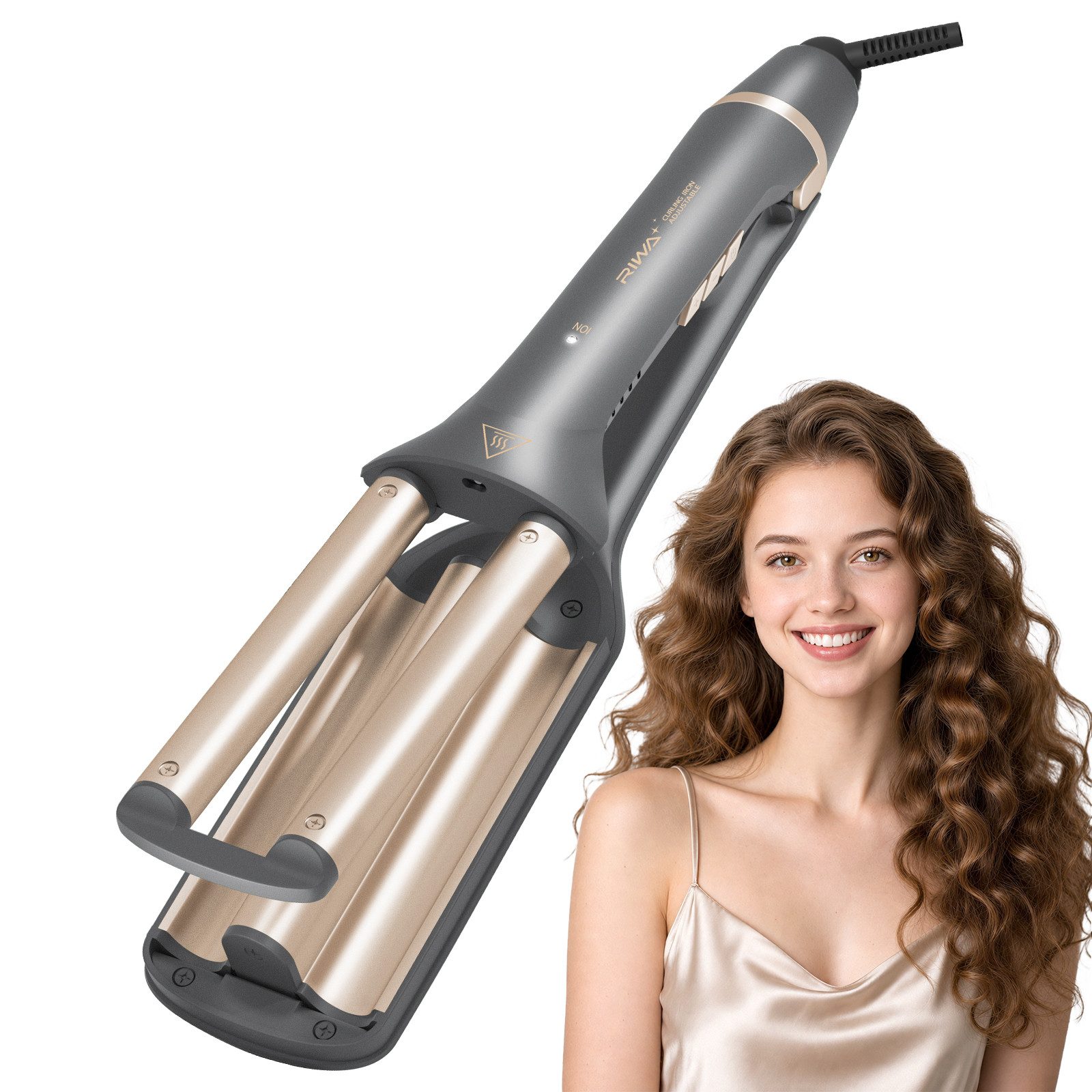 RIWA Welleneisen Lockenstab 3 Fässer für natürliche Wellen und Beach Waves, 120–200°C Keramik-Beschichtung, 3-in-1 Wellen-Design (18/22/26 mm), 15 Mio. Ionen, 30s Schnellheizen