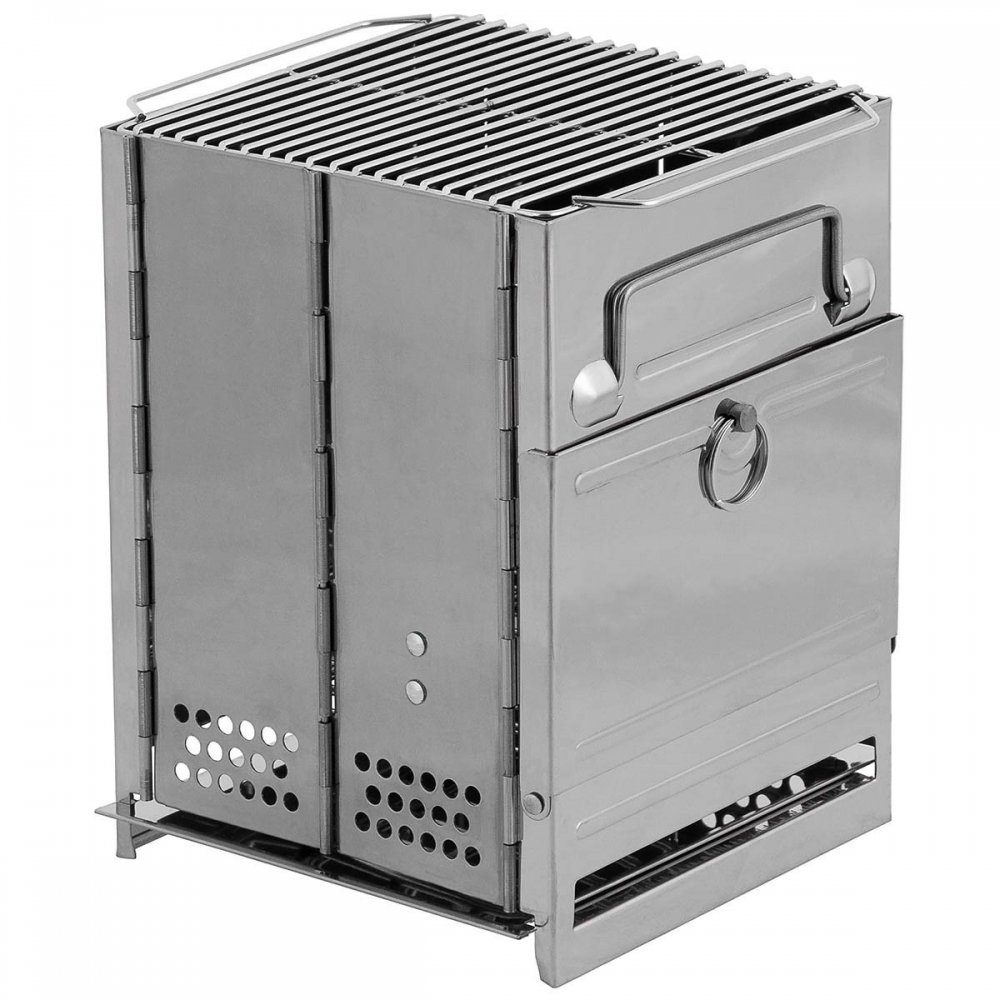 FoxOutdoor Gaskocher Raketenofen, mit Rost, faltbar, klein, Edelstahl, (Set, Transporttasche), 27 x 20 x 20 cm (H x B x T)