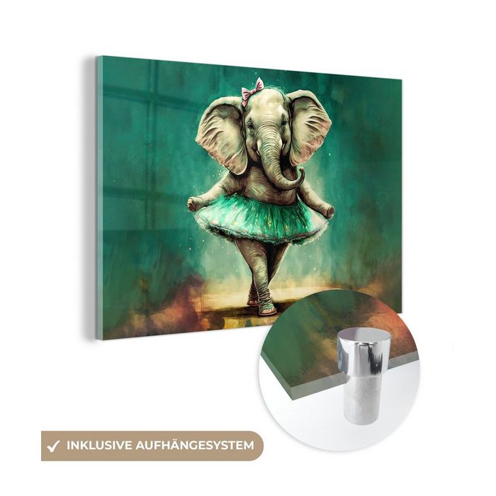 MuchoWow Acrylglasbild Elefant - Ballerina - Farbe - Bogen - Porträt - Kinder (1 St) Glasbilder - Bilder auf Glas Wandbild - Foto auf Glas - Wanddekoration