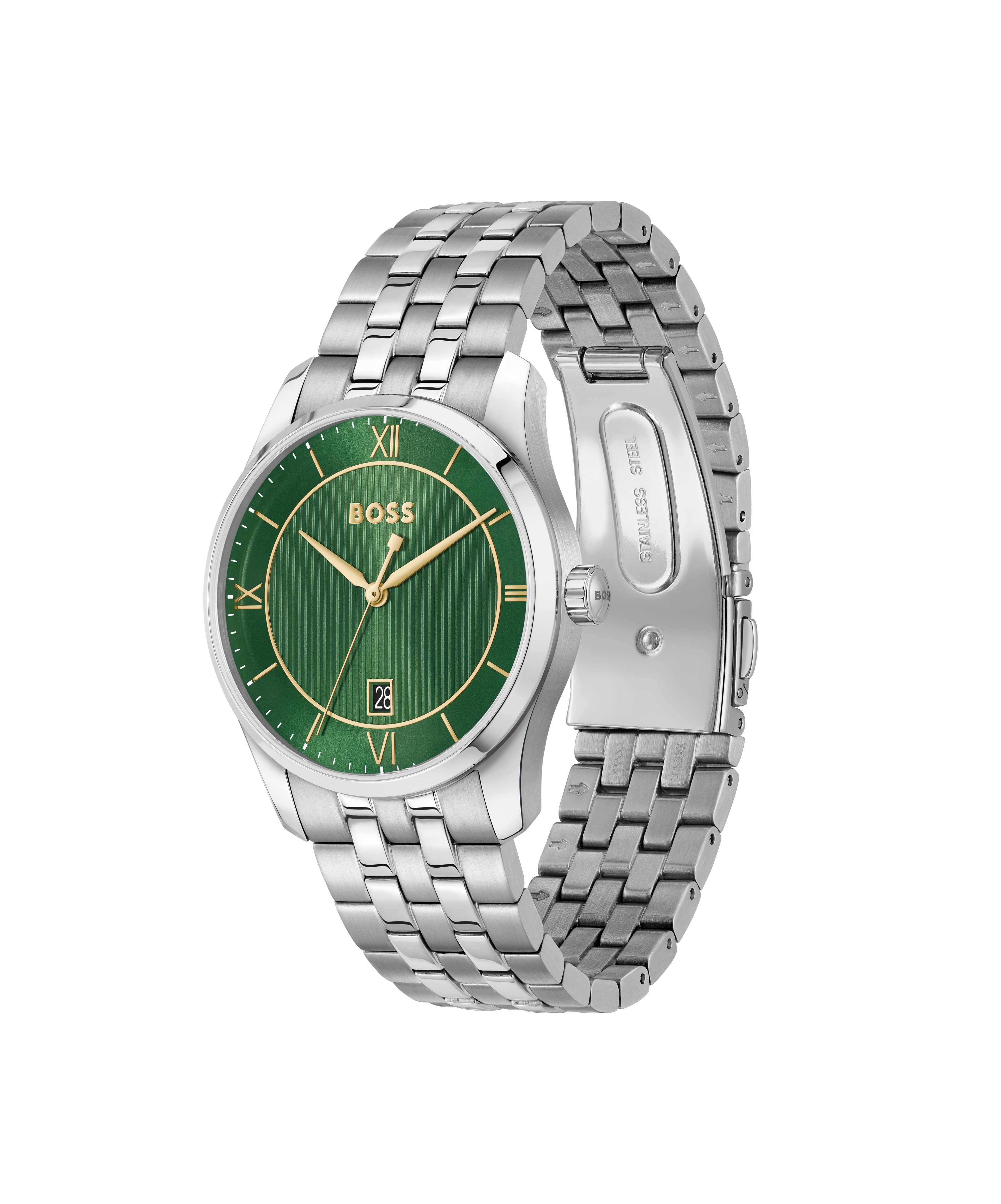BOSS Quarzuhr PRINCIPLE 1514365, Armbanduhr, Damenuhr, Herrenuhr, Edelstahlarmband, analog, Tag