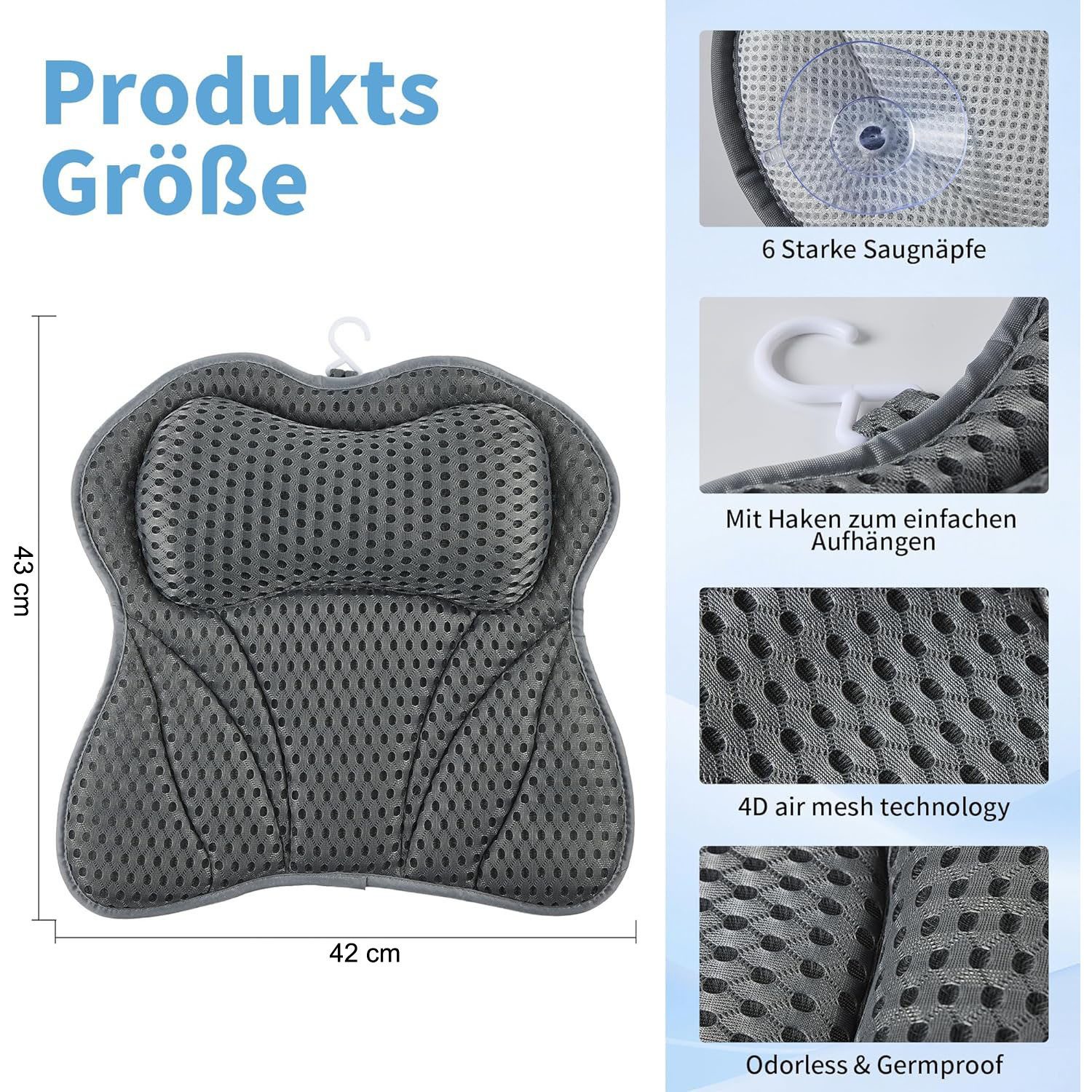 HEYHIPPO Badewannenkissen Badewannenkissen 4D Mesh,ergonomisch,Schmetterlingsform,42×43×6cm grau, Atmungsaktives Badezimmerkissen, leicht zu reinigen, entspannendes Bad, Mit Haken6 Saugnäpfen, rutschfest, maschinenwaschbar,schnelltrocknend