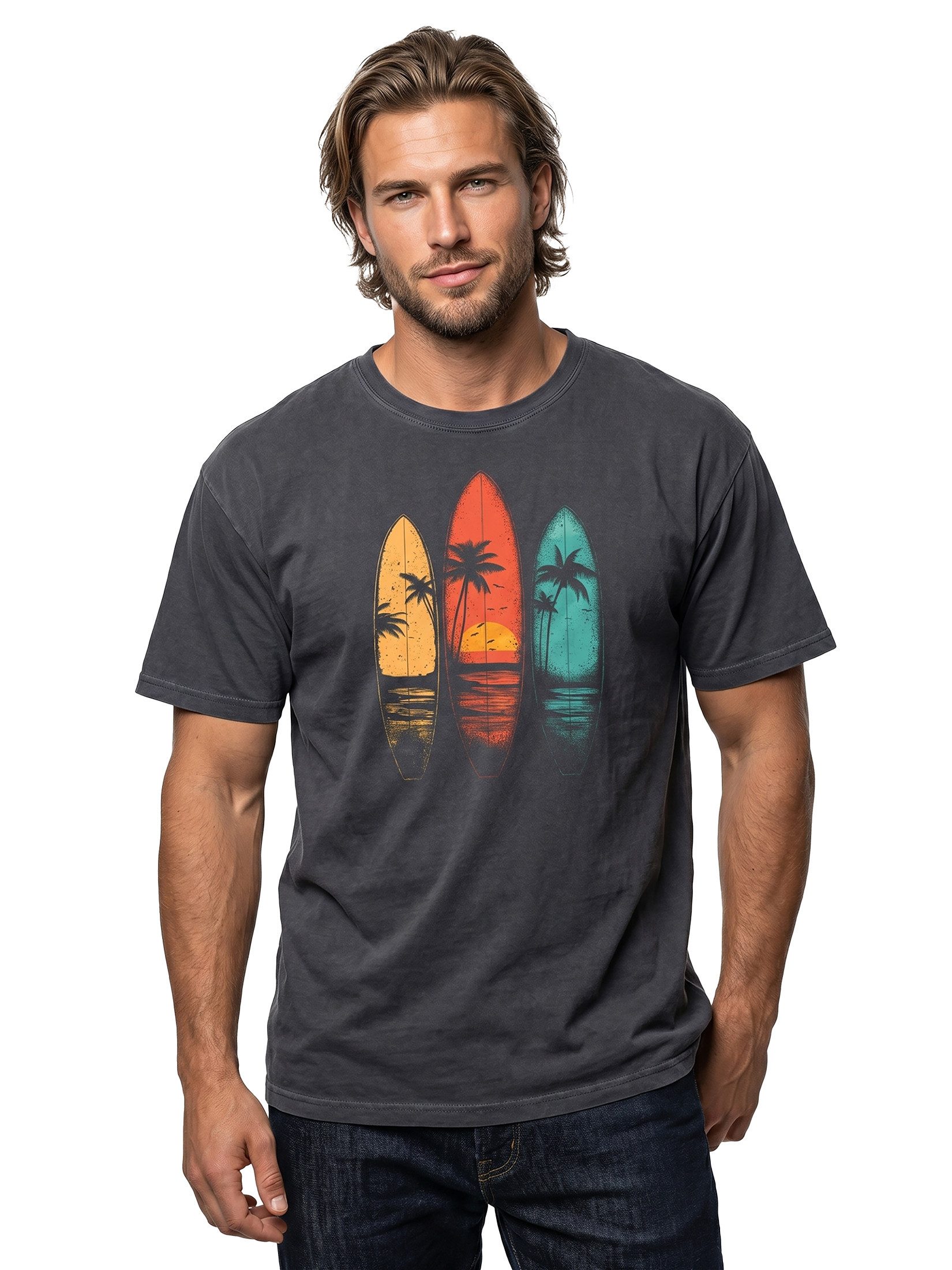 MAKAYA T-Shirt Printshirt für Männer – Retro Surfer Look mit Palmen & Sonne (Schwarz, Blau, Grün, Blaugrau, Grau, S, M, L, XL, XXL, XXXL, XXXXL, XXXXXL) Baumwolle