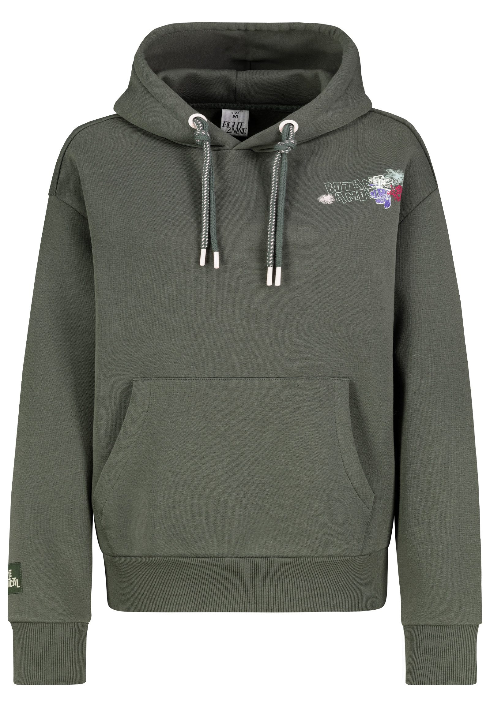 Eight2Nine Hoodie Blumenmotiv Kapuze Elastikbündchen Langarm Lässiger Stil für Damen (1-tlg) Markante Rückengrafik, Kontrastkordeln, Formgebende Abschlüsse