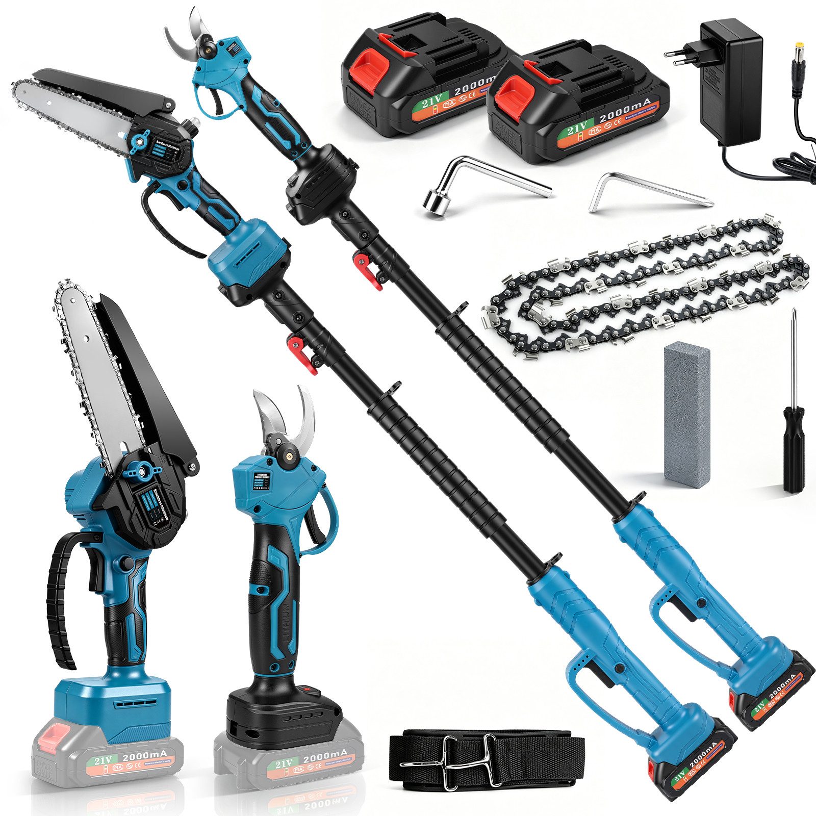 XIIW Akku-Heckenschere 600W Bürstenlose Motor Elektrisch Hochentaster Astsäge 6" Kettensäge, bis 4 m Arbeitshöhe, 4in1, Teleskopstange bis 1.7m Arbeitsreichweite 4M