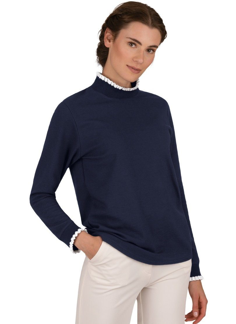 Sweatshirt Stehkragen Trigema mit Pullover navy Rüschen TRIGEMA