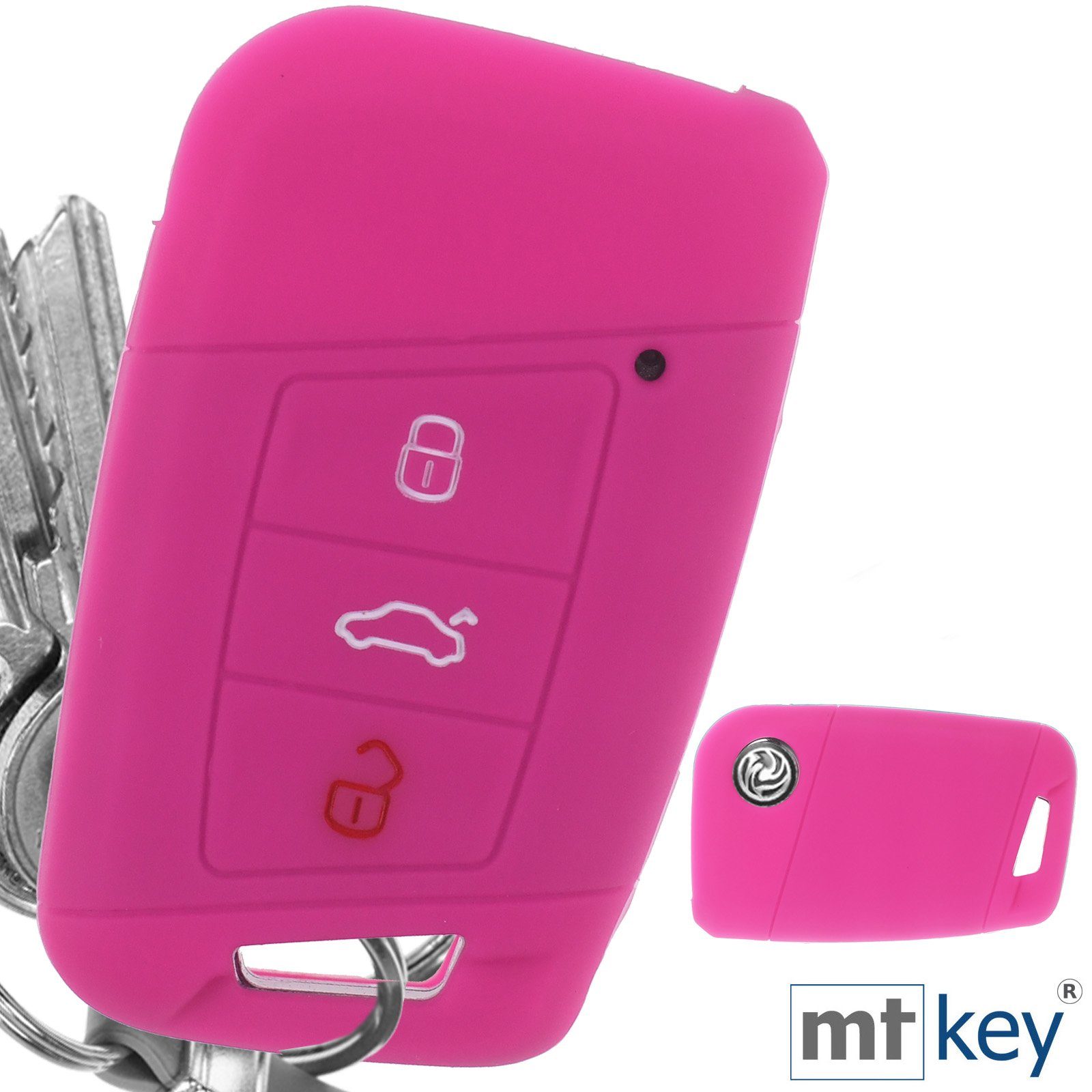 mt-key Schlüsseltasche Autoschlüssel Softcase Silikon Schutzhülle Pink, für VW Passat B8 Arteon Skoda Kodiaq 3 Tasten KEYLESS SMARTKEY