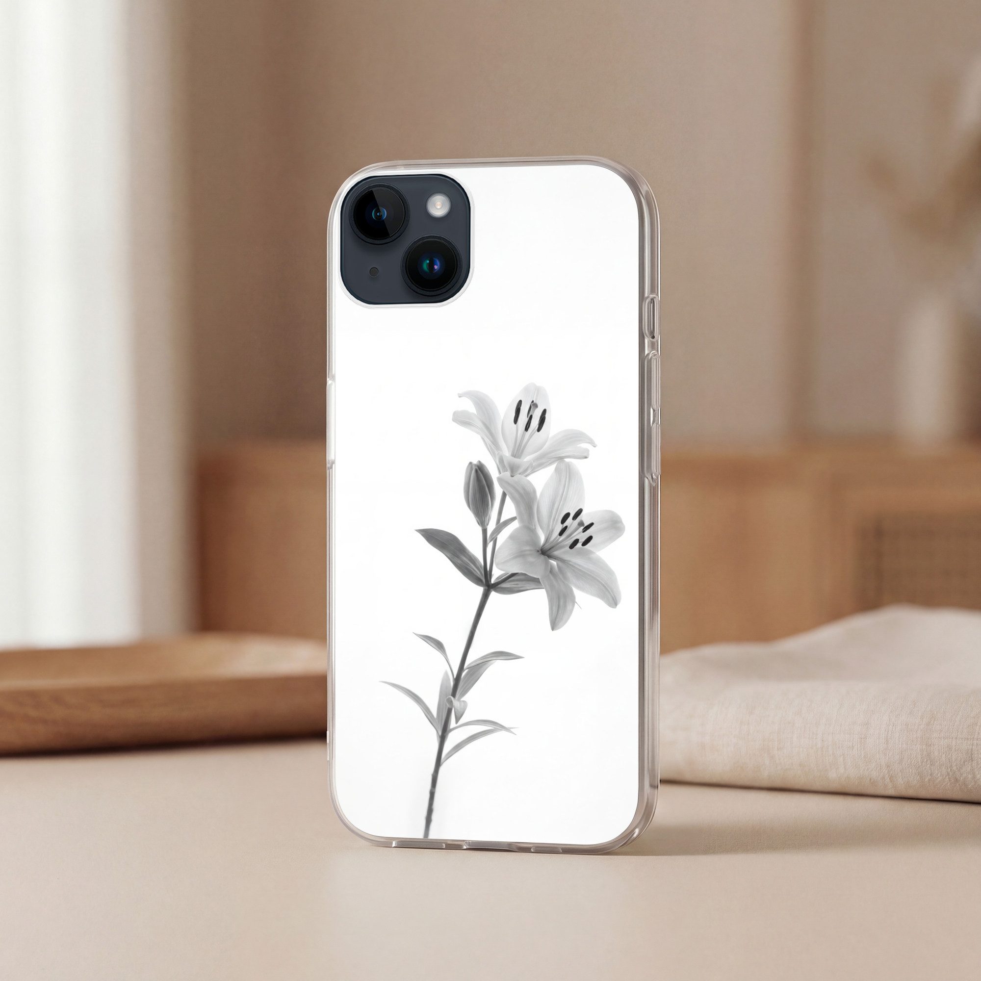 MuchoWow Handyhülle für Apple iPhone 14 Lilien - Elegant - Schwarz - Weiß, Smartphone-Bumper, Print, Handy Schutzhülle Dünn