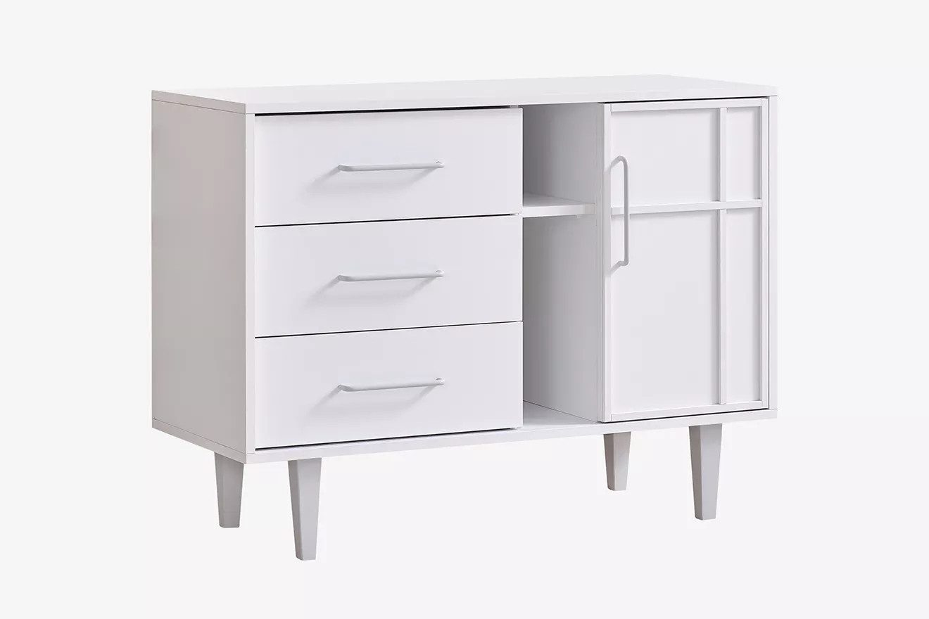 Möbel-Zeit Kommode LIKYA – Zeitloses Design – 3 Schubladen, offenes Regalfach & 1 Tür