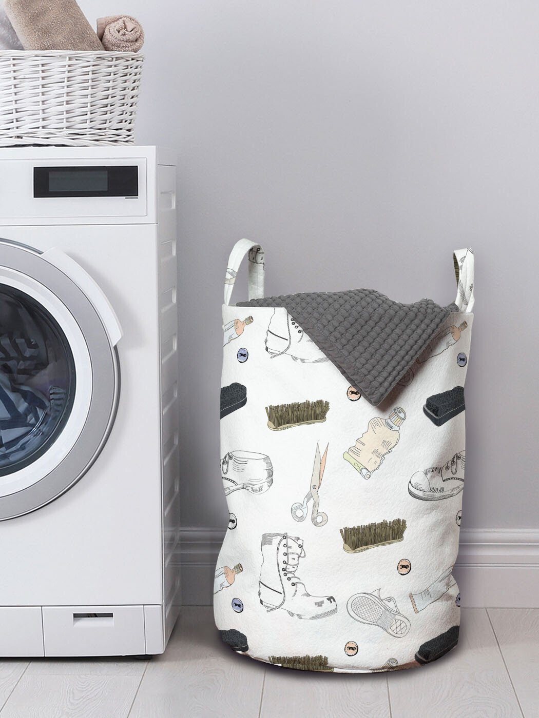 Waschsalons, Wäschekorb Schuh mit Kordelzugverschluss für Griffen Wäschesäckchen Schere Buttons Kunst Sponge Abakuhaus