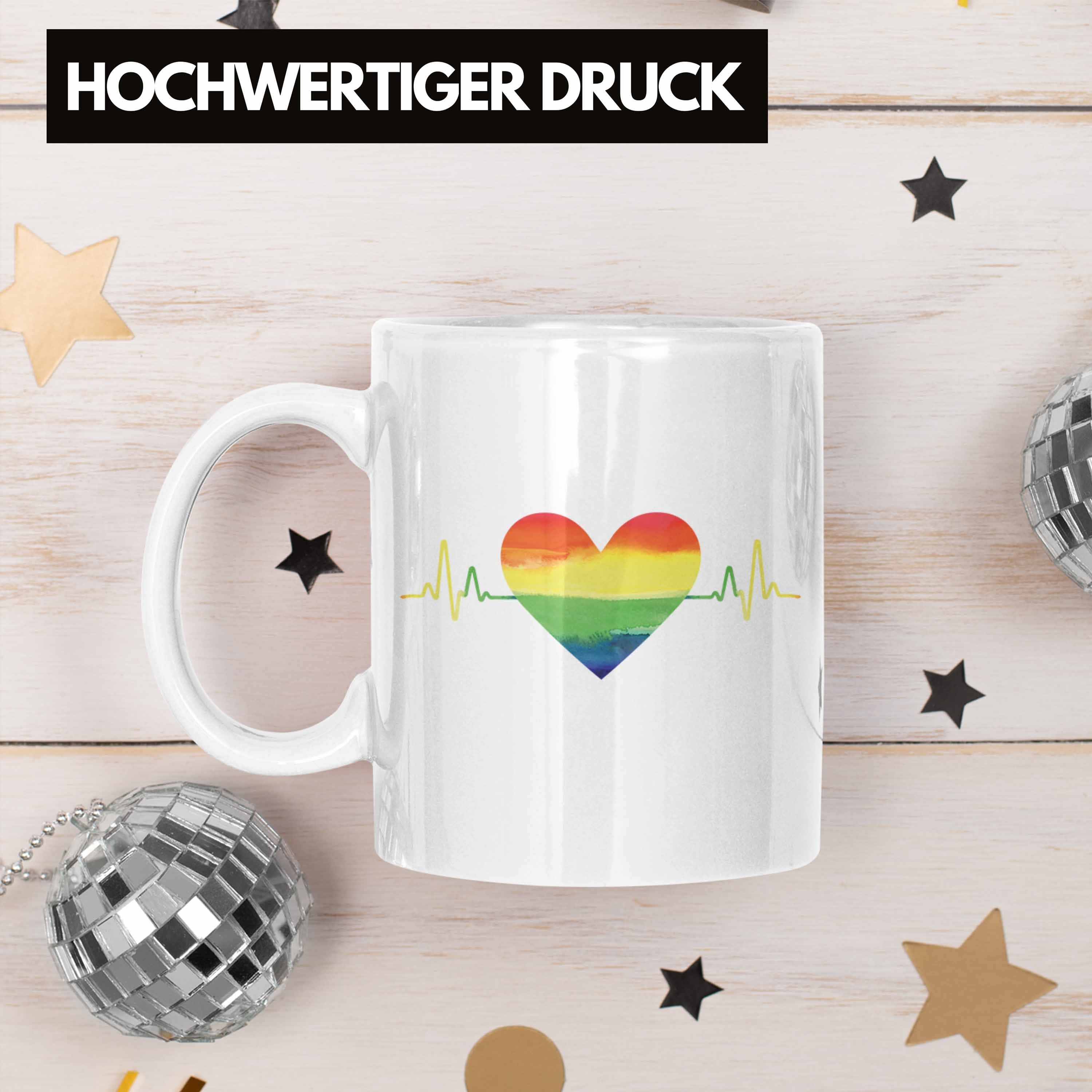 Trendation Tasse Trendation - Regenbogen Herzschlag Geschenk Weiss Pride Schwule Lesben Transgender Grafik Tasse LGBT
