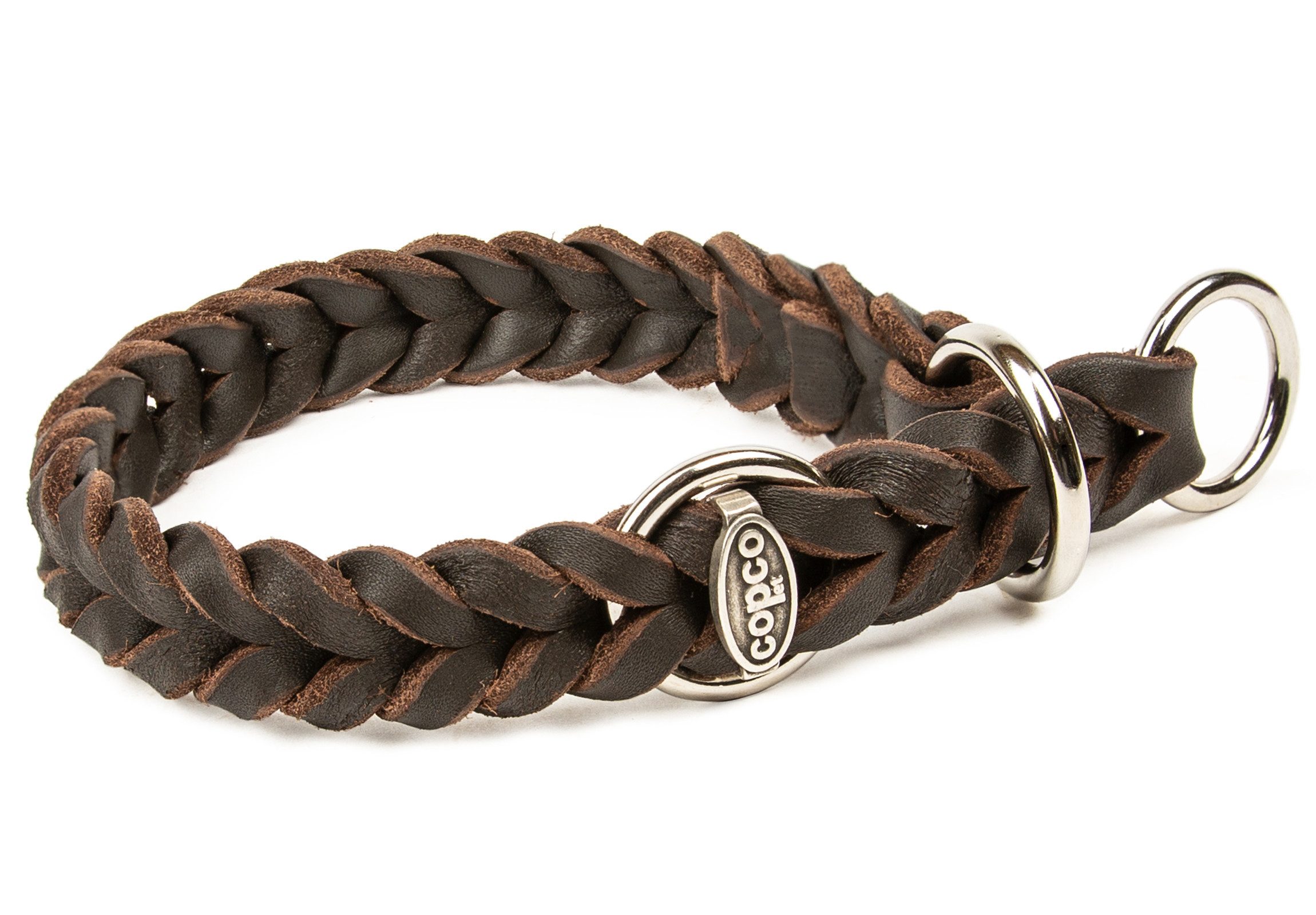 CopcoPet Hunde-Halsband Fettlederhalsband mit Zugstopp Ring, Verchromt, Leder, Geflochten, Handarbeit