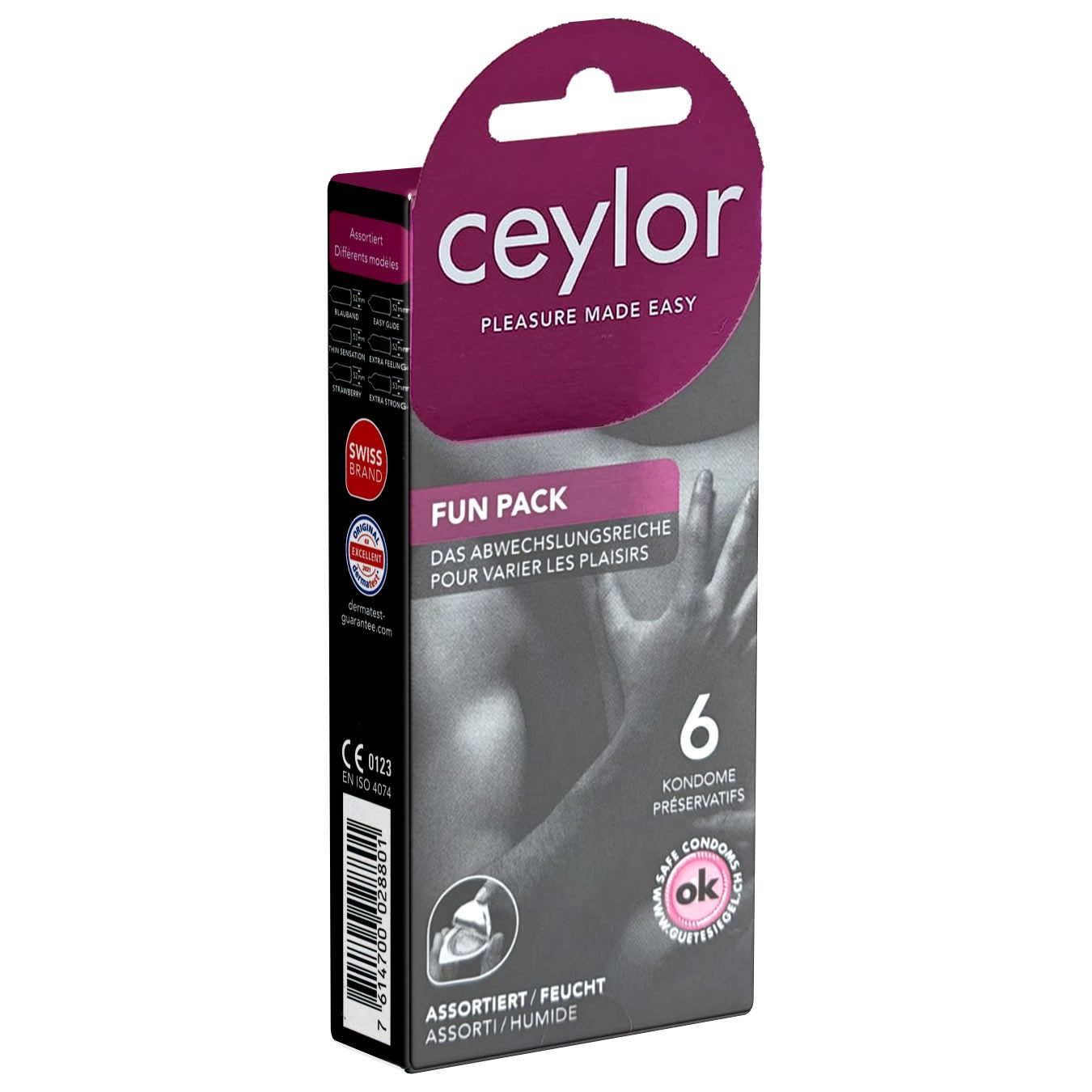 Ceylor Kondome Fun-Pack (Kondomsortiment) Packung mit, 6 St., verschiedene Kondome, Premium-Qualität aus der Schweiz, im hygienischen "Dösli", einfach zu öffnen, schnelleres Überziehen