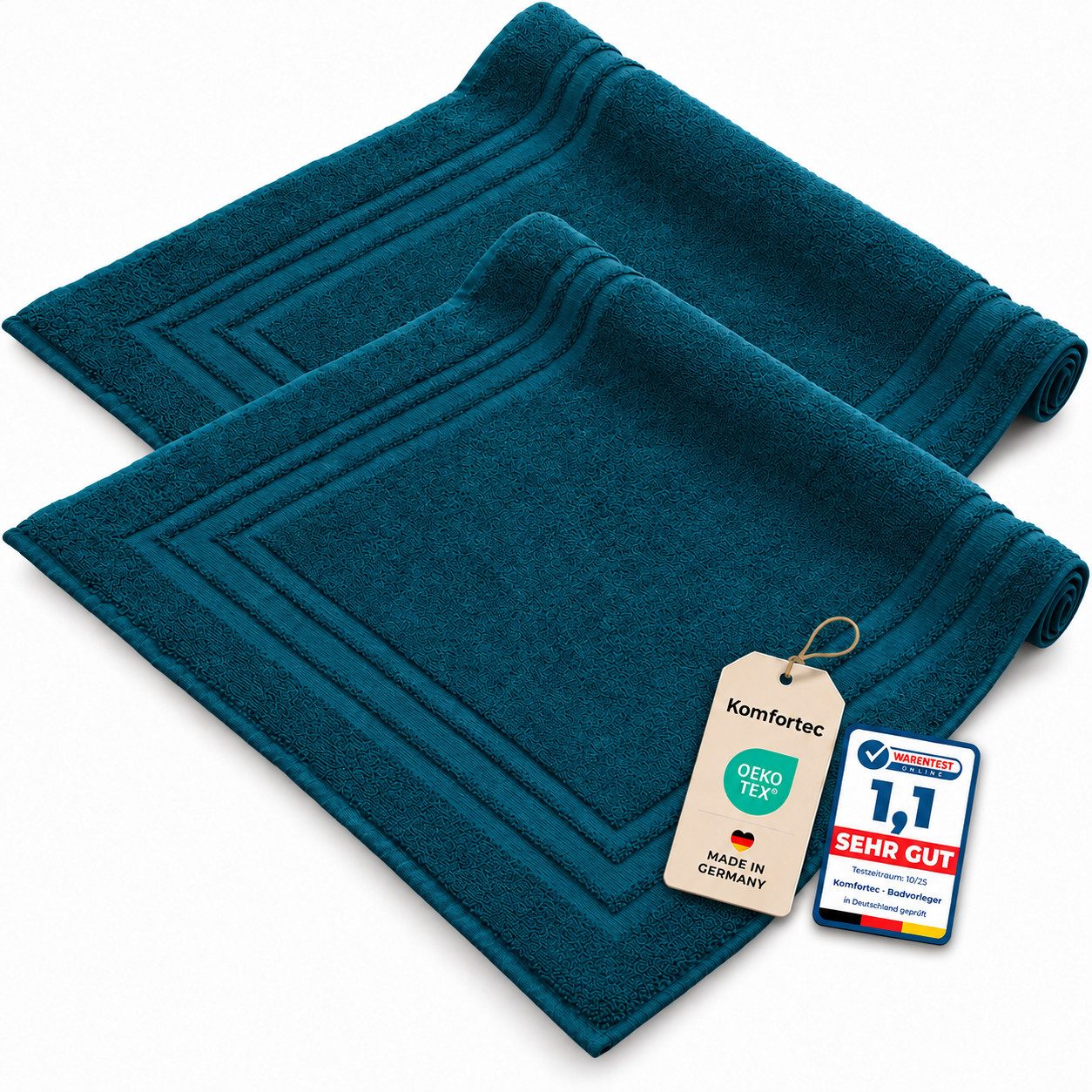 Komfortec Badematte 2er Badetuch Set aus 100% Baumwolle 50x70 cm Extra Weich & Saugstark, Rechteckig, 600 g/m²