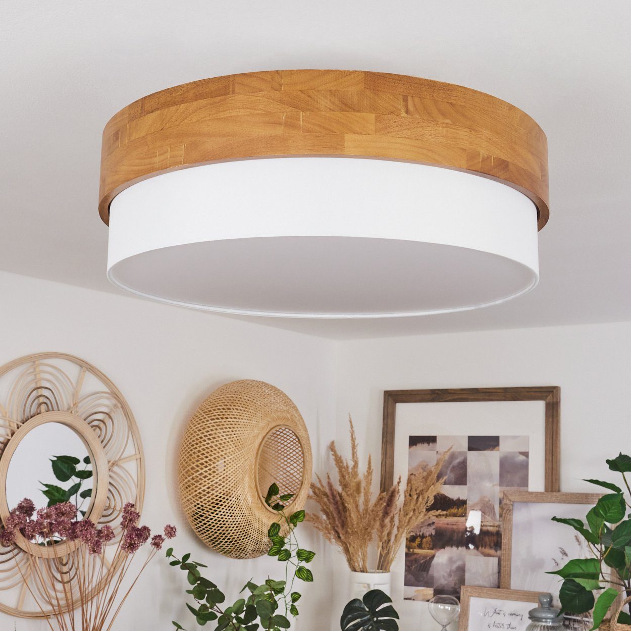 hofstein Deckenleuchte »Campitello« Deckenlampe aus Metall/Holz/Stoff, Nickel-matt/Natur/Weiß, ohne Leuchtmittel, Leuchte im skandinavischen Design, Ø50cm, 3xE27