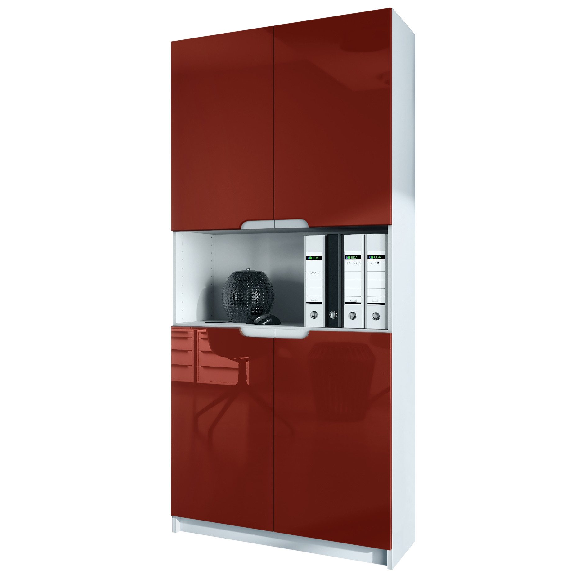 Vladon Aktenschrank Logan (Aktenschrank, mit 5 Fächern und 4 Türen) Weiß matt/Bordeaux Hochglanz (82 x 184 x 37 cm)