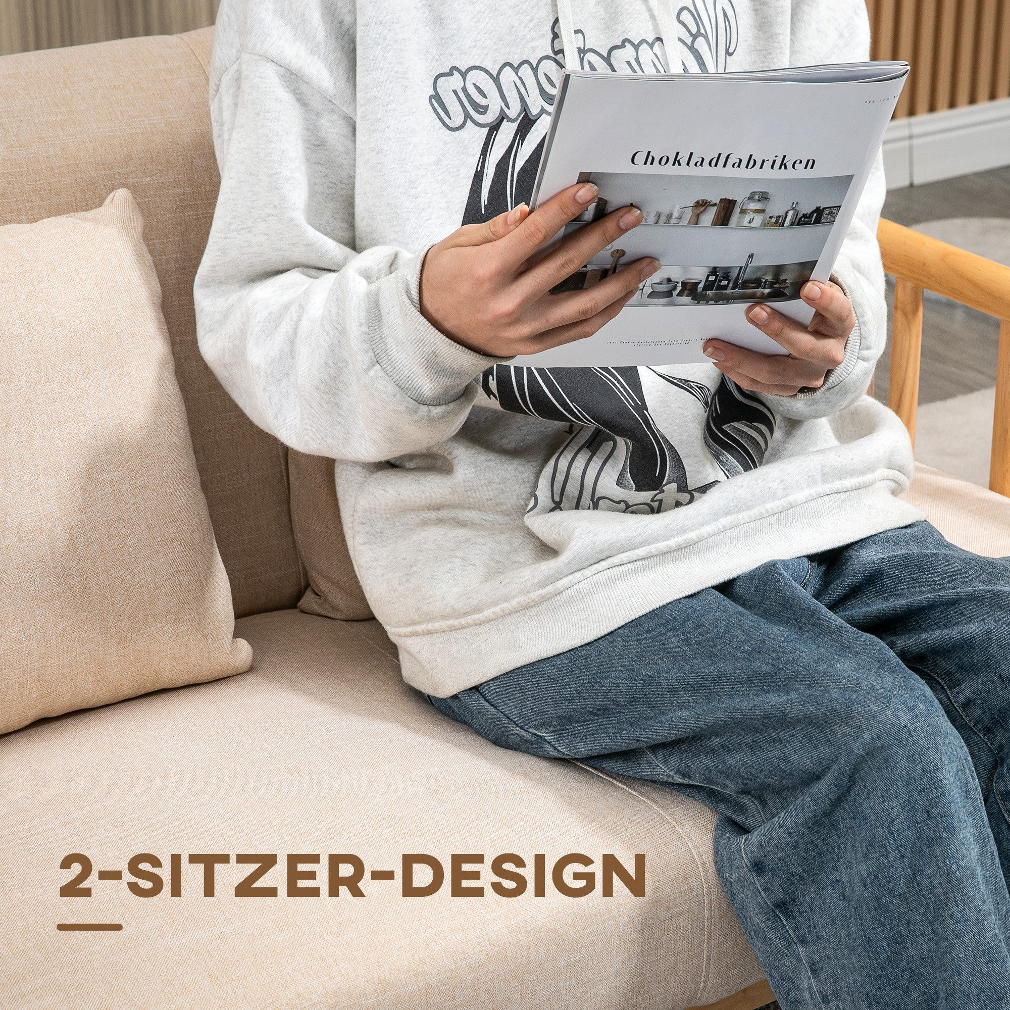 HOMCOM 2-Sitzer Couch mit 2 Lendenkissen, Gepolsterter Polstersofa, Sofa 1 Teile, für kleine Räume, Wohnzimmer, Schlafzimmer, Beige