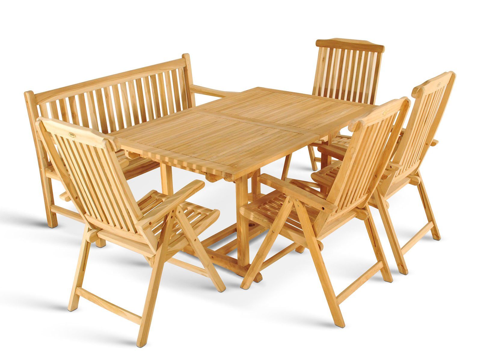 Junado® Garten-Essgruppe Kuba, (Set, 6tlg), Teakholz Set Auszugstisch mit 4 Hochlehnern und 1 Bank