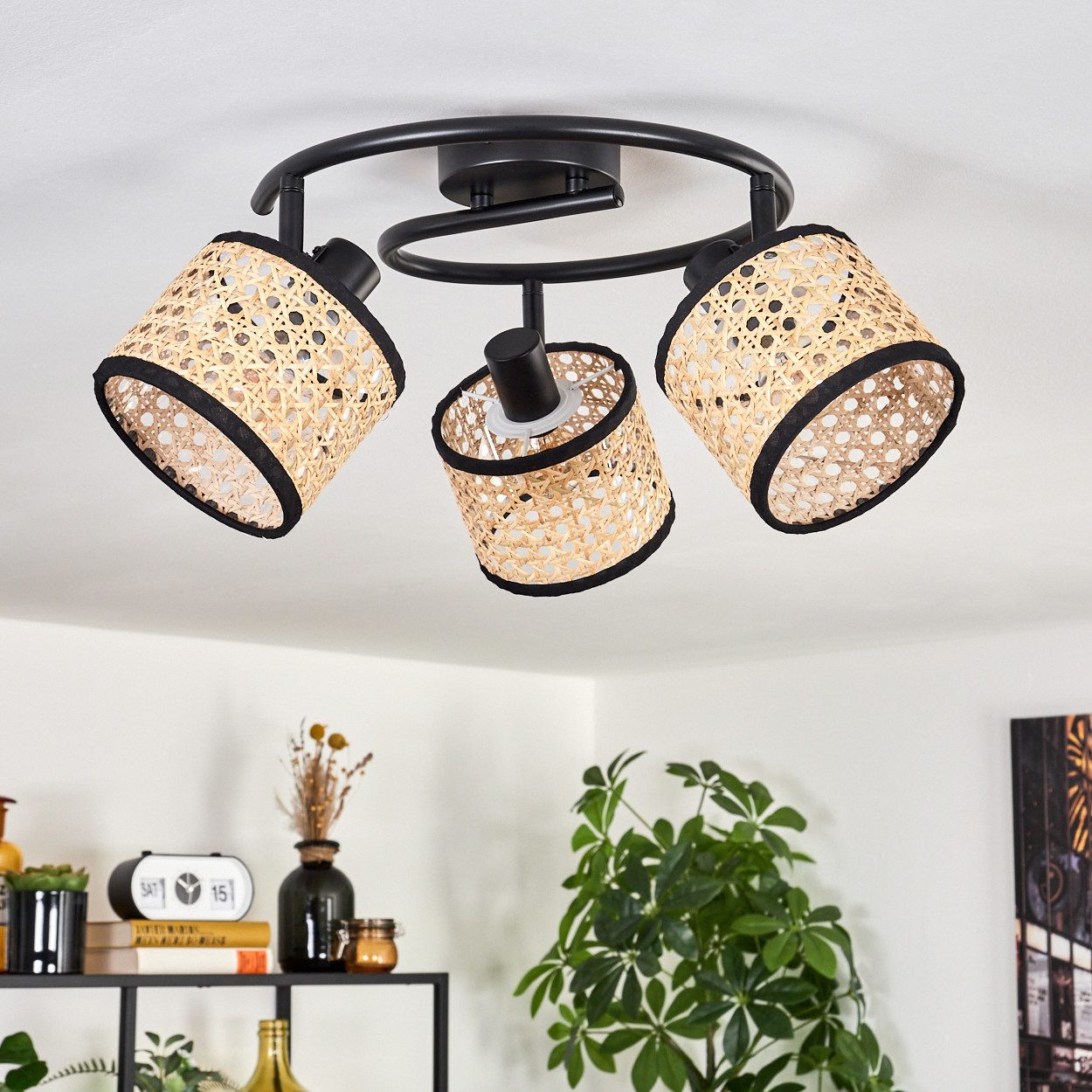 hofstein Deckenleuchte moderne Deckenlampe aus Metall/Rattan/Wiener Geflecht in Schwarz/Natur, ohne Leuchtmittel, mit verstellbaren Strahlern, runde Leuchte, 3  – Bild 2 von 5