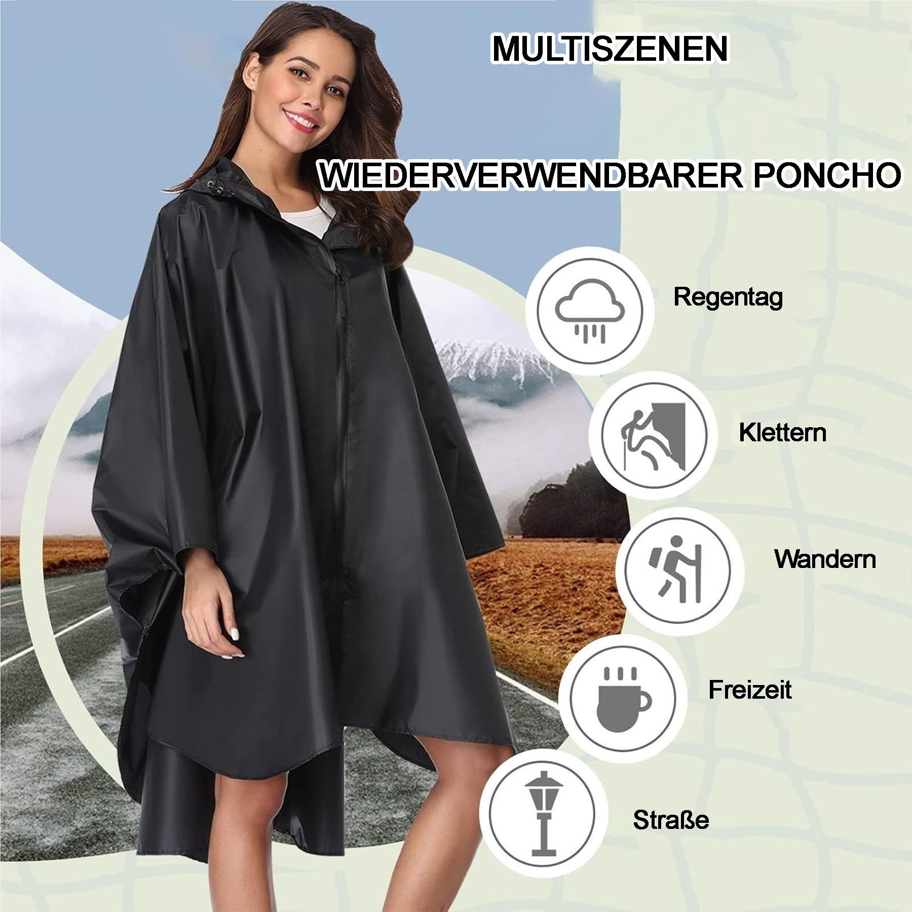 Mutig Regenmantel Regenjacke Regenponcho, Unisex Wiederverwendbar, Tragbarer Regenmantel (Wasserdicht Regencape Atmungsaktiv, Reisen, Wandern, Radfahren, Camping, für Outdoor-Aktivitäten,wie Bergsteigen,Wandern, Picknick,Angeln)