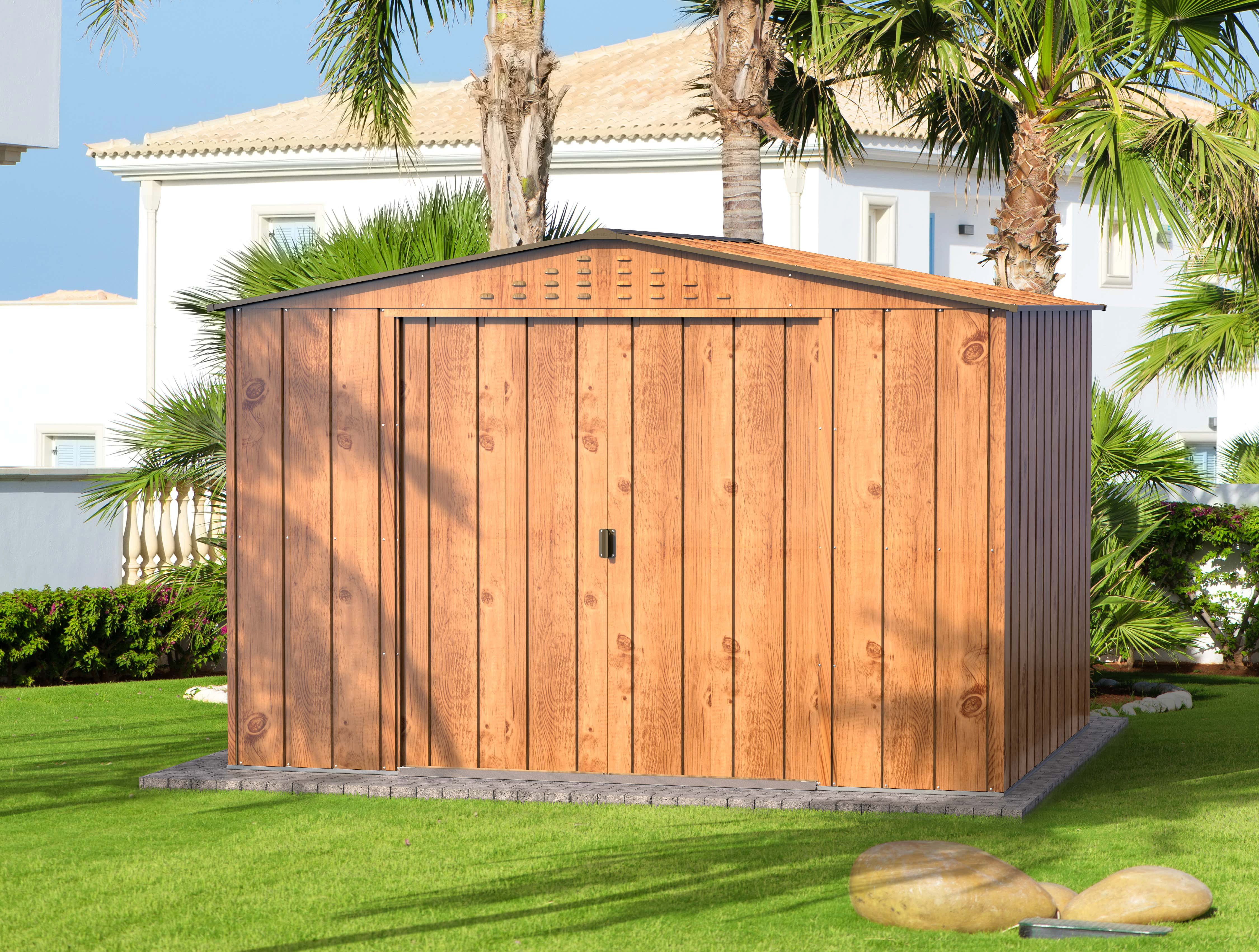 DURAMAX Gerätehaus DURAMAX Metall-3,2x2,4m Holzoptik, BxT: 321,8x243,5 cm, in Verzinkt mit 0,33mm Wandstärke