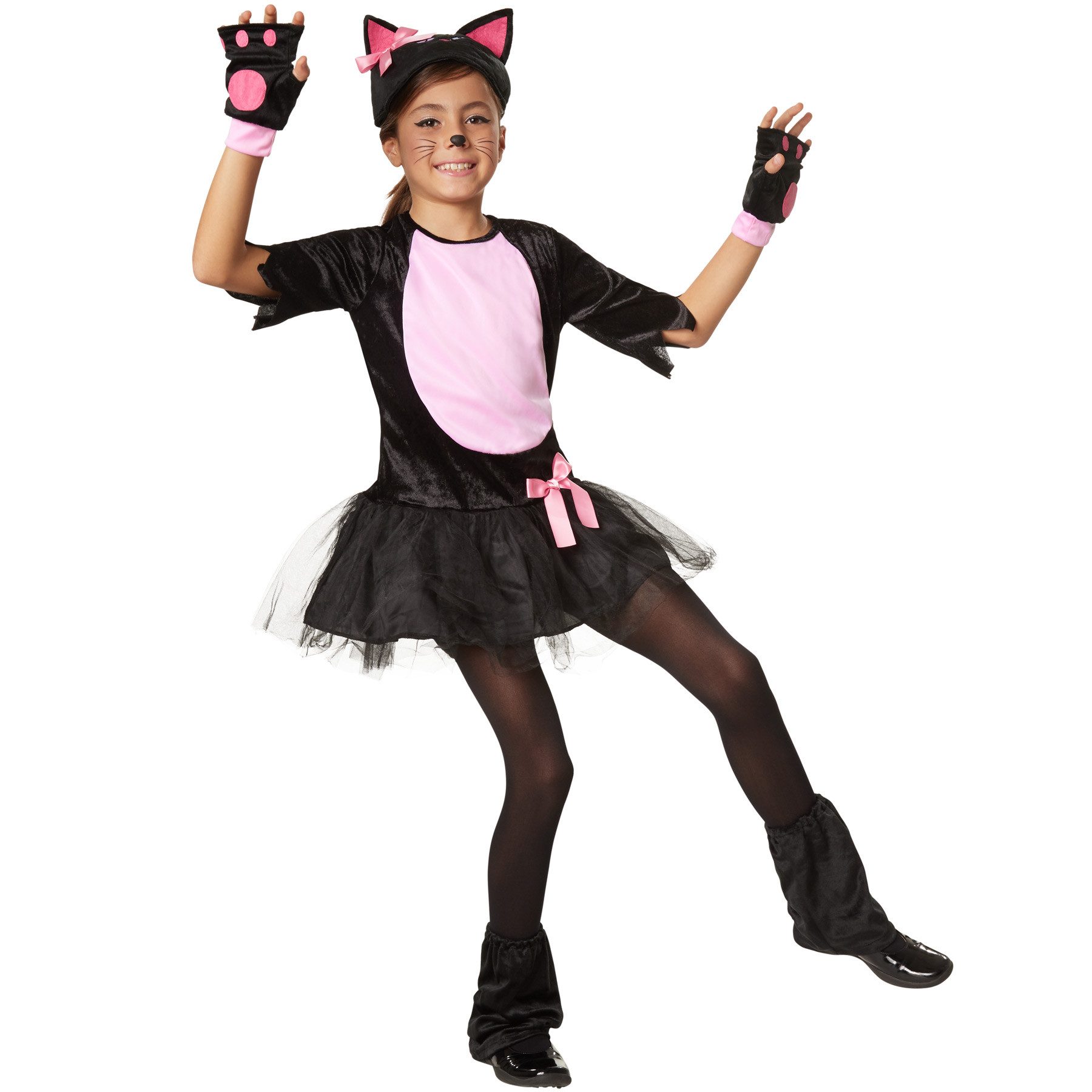 dressforfun Kostüm Mädchenkostüm Pinkes Samtpfötchen, Katzenkostüm aus schwarzem Plüsch mit rosafarbenen Akzenten