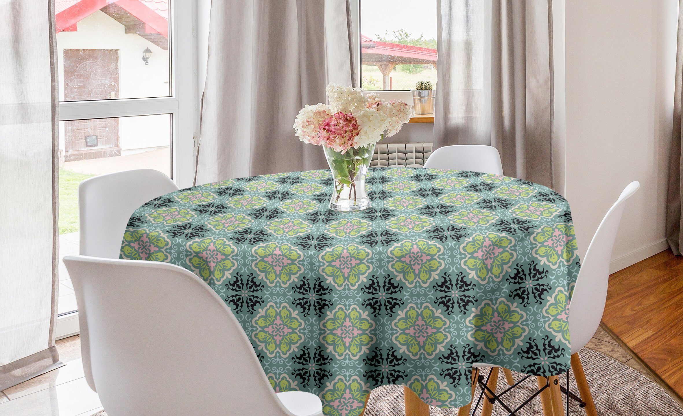 Abakuhaus Tischdecke Inspired Esszimmer Dekoration, Abdeckung Mediterrenean Tile für Küche Blumen Tischdecke Kreis