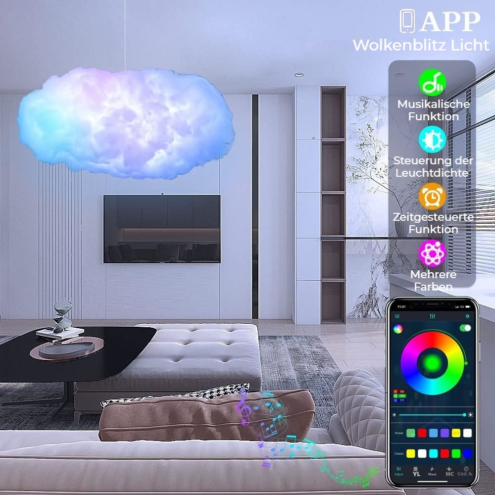 VIVIHEYDAY LED Pendelleuchte RGB Regenbogen Watte LED Wolken Licht, Dimmbar Dekoleuchten, LED Cloud Lights mit Bluetooth-APP und 2.4G Fernbedienung, für Die Zimmer, Schlafzimmer Dekoration