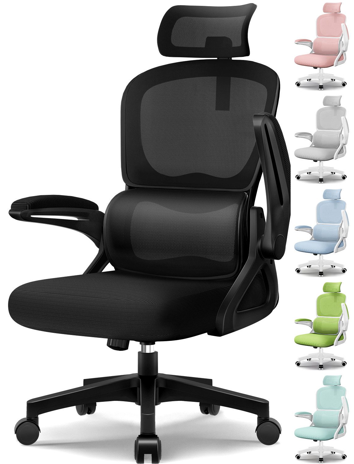 Homimaster Bürostuhl Bürostuhl, Schreibtischstuhl Ergonomisch mit Klappbaren Armlehnen (Bürostuhl mit Verstellbarer Kopfstütze, 90° Klappbare Armlehnen und Lendenwirbelstütze, Höhenverstellbarer Chefsessel aus Mesh), Bürostuhl mit maximaler Neigung von 135°, bis 150 kg belastbar