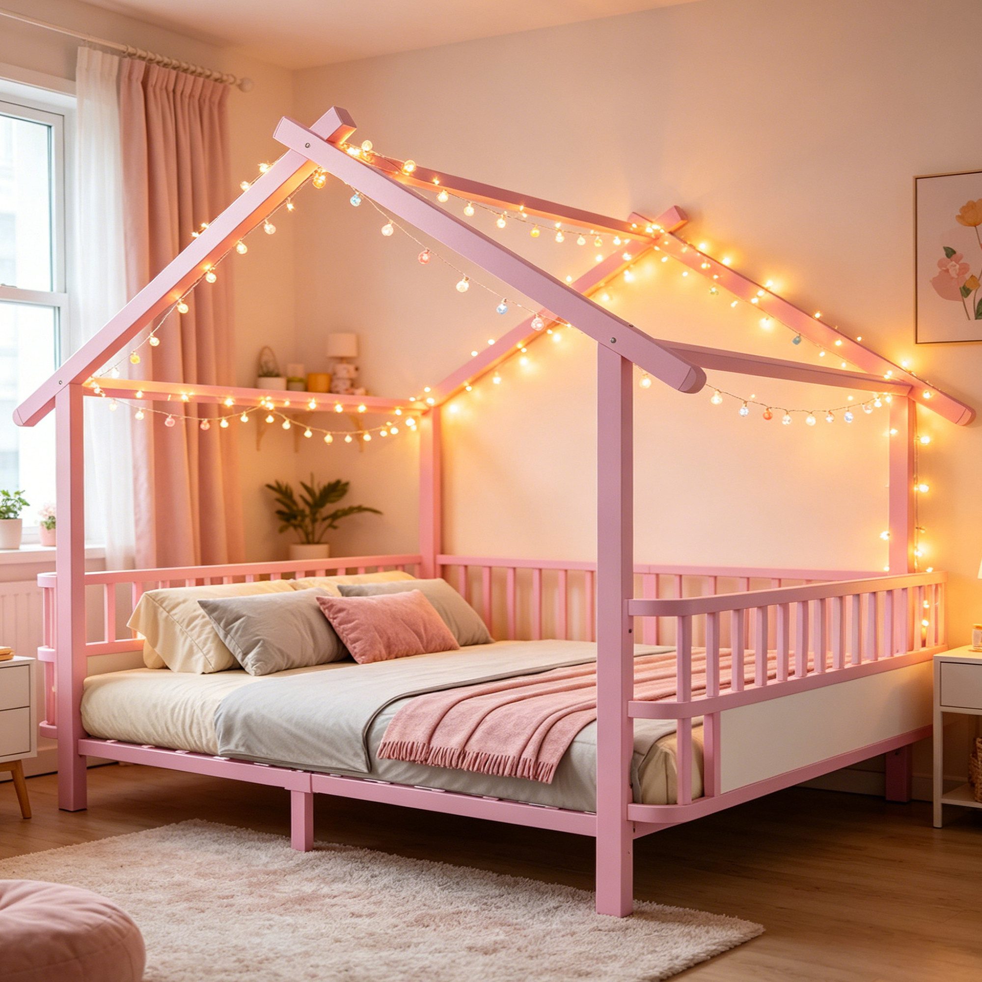 Flieks Kinderbett, Metallbett in Hausform 140x200cm mit Sicherheitsgitter und Lattenrost
