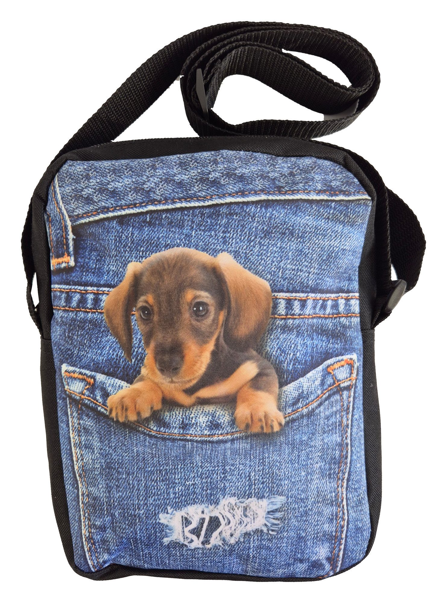 Einkaufszauber Umhängetasche Crossbody Handtasche Jeans mit Dackel 3D Druck, 3D Druck plastisches Bild