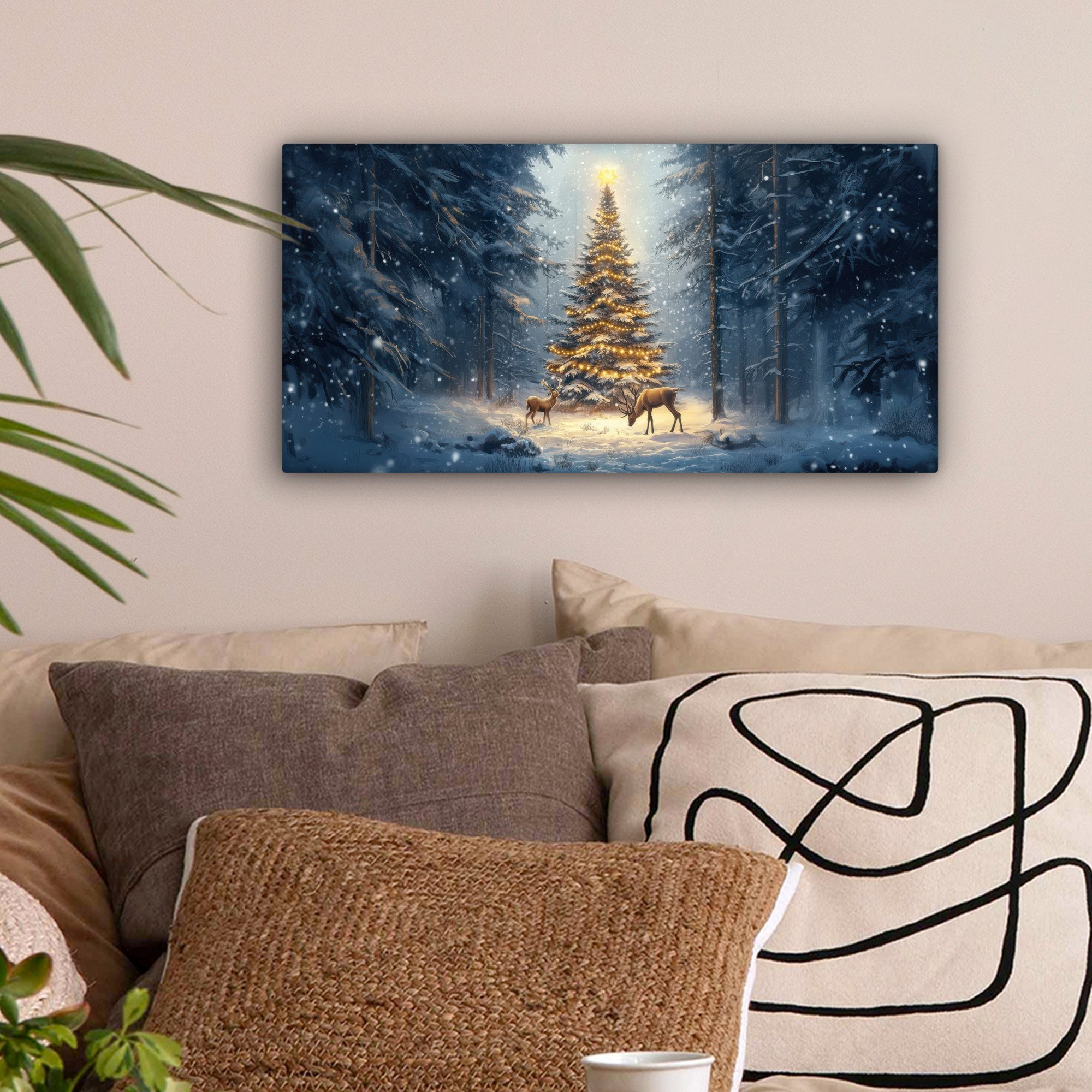 OneMillionCanvasses® Leinwandbild Panorama Weihnachtsbeleuchtung - Wald - Hirsche - Dunkelheit, Fotodruck (1 St), Wandbild, Deko Schlafzimmer Wohnzimmer Flur 40x20 cm